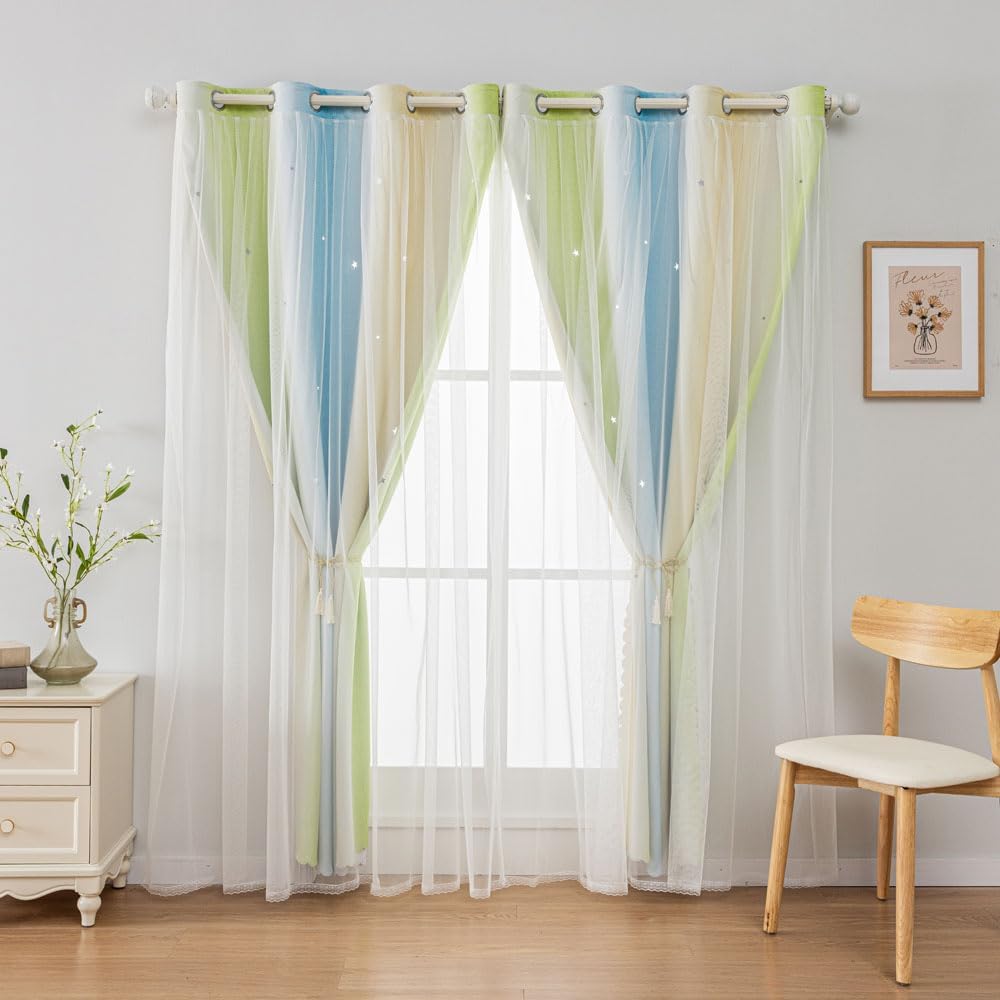 FANLI Ombre Rainbow Blackout Curtains for Kid Girls Bedroom Living Room Darking Stripe Double Layer Star Cut Out Wall Home Decor Gradient Grommet Window Curtains (Blue Green 52Wx95L)