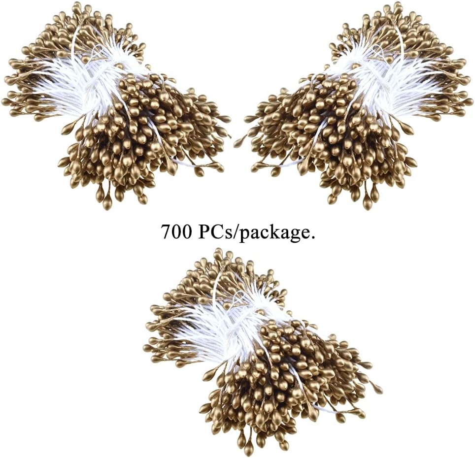 HAHIYO 700pcs 3mm Gold Pearl Double Heads Flower Pistil Hand-Made Artificial Flower Parad National Pearlized Floral Stamen for Scrapbook Decoration