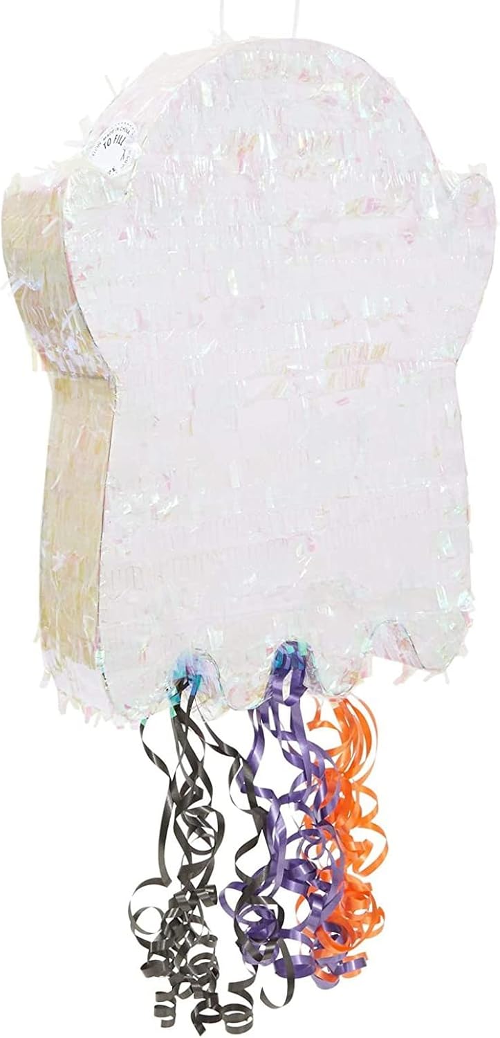 Halloween Mini Pinata Pull String Ghost - 17 x 13 x 3 in, Multicolor Iridescent Paper - Halloween Pinata Party Supplies & Decor for Trick or Treat - Sturdy Paper Design & Easy-Hang