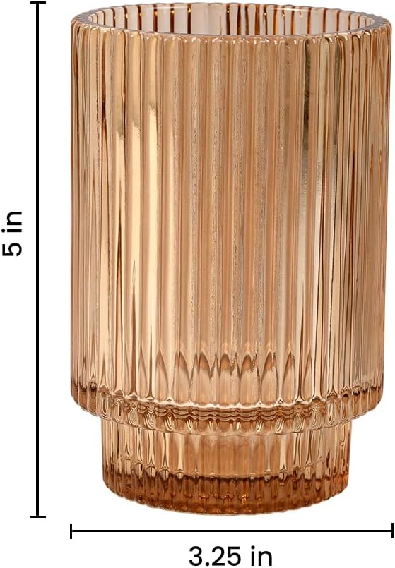 Serene Spaces Living Amber Ribbed Glass Votive Holder, Decorative Centerpiece for Wedding, Christmas, Thanksgiving, Party, Dining Table, Living Room, Home Décor, Measures 3.25" Diameter and 5" Tall