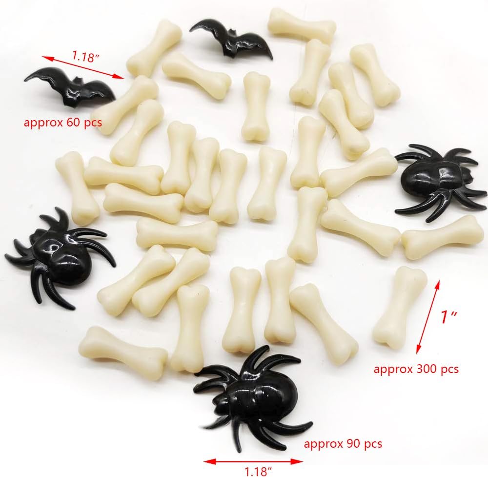 HappyFiller Halloween Decoration 450 PCS Black Mini Acrylic Spiders Bat Mix Ivory Color Bones for Sensory Bin Gems,Vase Fillers,Home Decor,Table Scatters