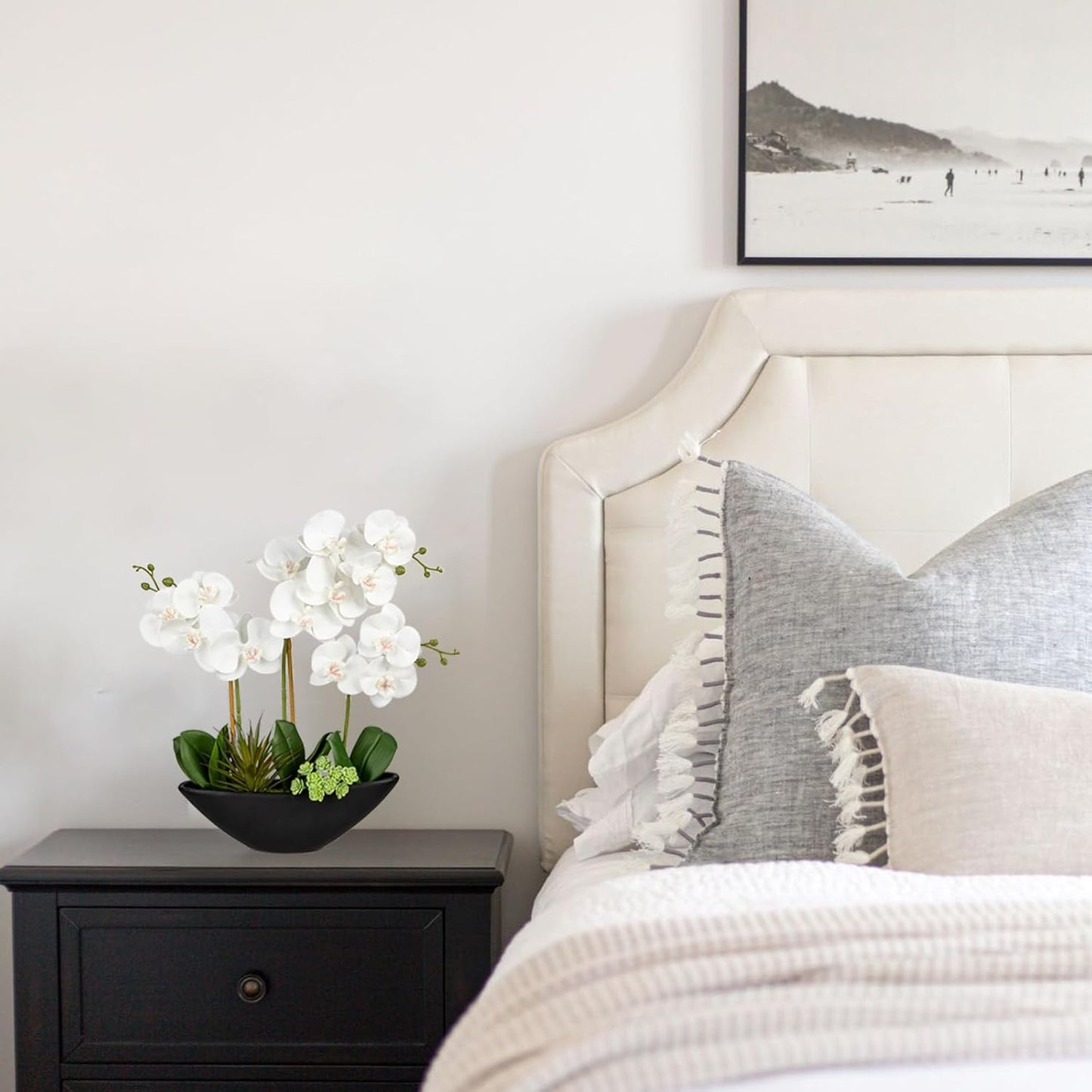 Briful Orchid Fake Flowers 17in White Artificial Orchid Silk Flowers in Black Pot Faux Orchid Arrangement for Home Office Bathroom Dining Table Modern Decoration