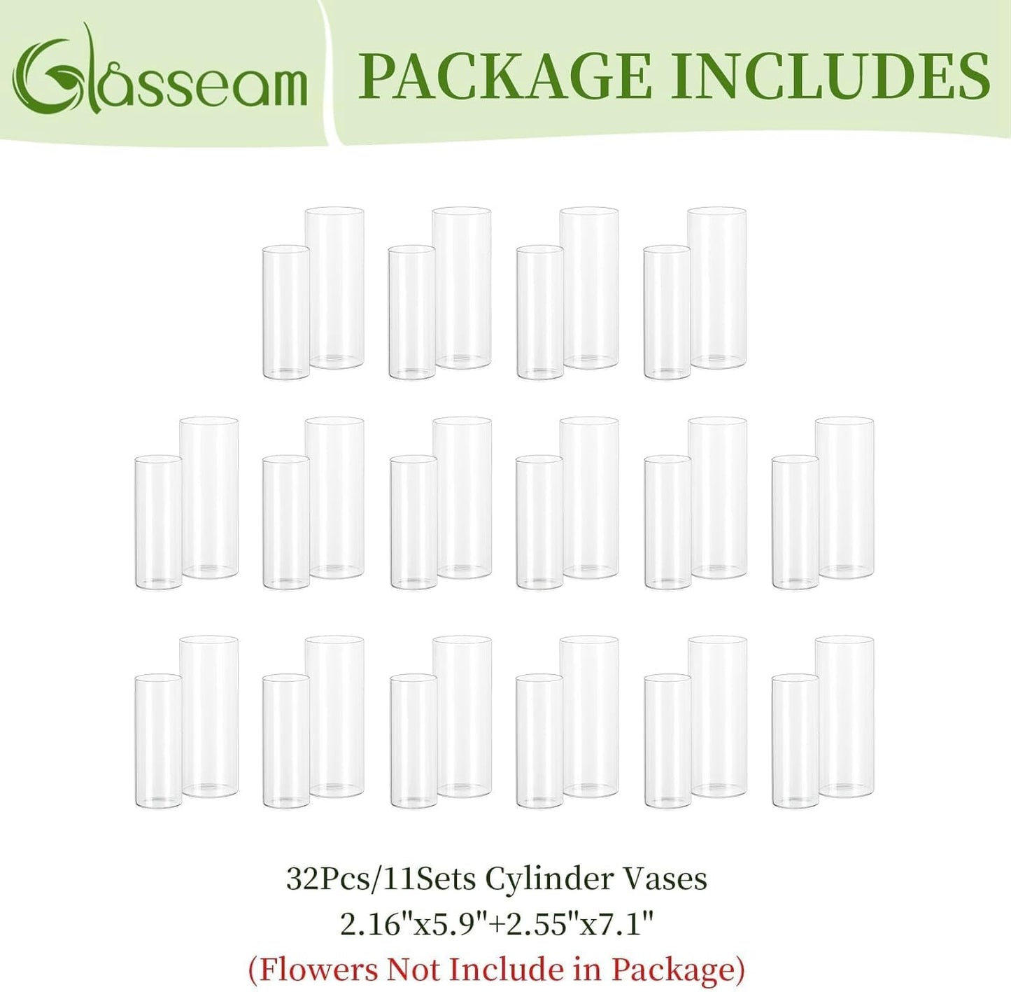 Glasseam Glass Cylinder Vase in Bulk: 32pcs Clear Small Bud Flower Vases for Centerpieces - Modern Hurricane Pillar or Floating Candle Holder for Wedding Party Table Living Room Home Decor, Tall 6"+7"