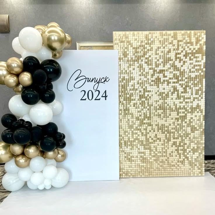 Qcity Champagne Gold Shimmer Wall Backdrop 36PCS, Black Back Not See-Through Design, Square Sequin Glitter Backdrop Panel, Perfect for Outdoor Events, Birthdays, Wedding and Party Decoration