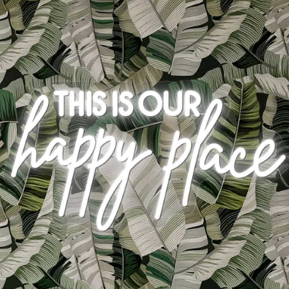 This Is Our Happy Place Neon Sign, Custom Bedroom LED Neon Light Home Bedroom Salon Wall Decor Personalized Gift Wedding Party Decoration USB Size:20x11inch