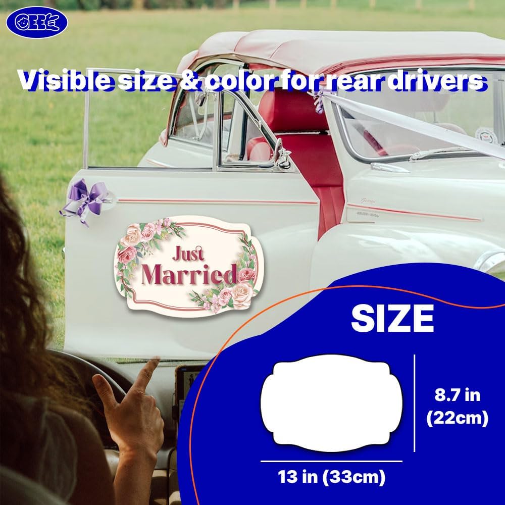 GEEKBEAR Just Got Married Car Magnet (2 Pack) - 13 x 8.7 in (Beige Rose)