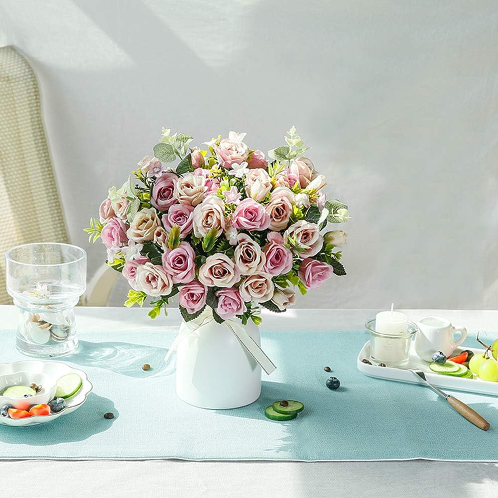 LESING Artificial Silk Rose with Vase Fake Flowers Wedding Flowers Bouquets Arrangement Home Office Party Centerpiece Table Decoration (Purple)