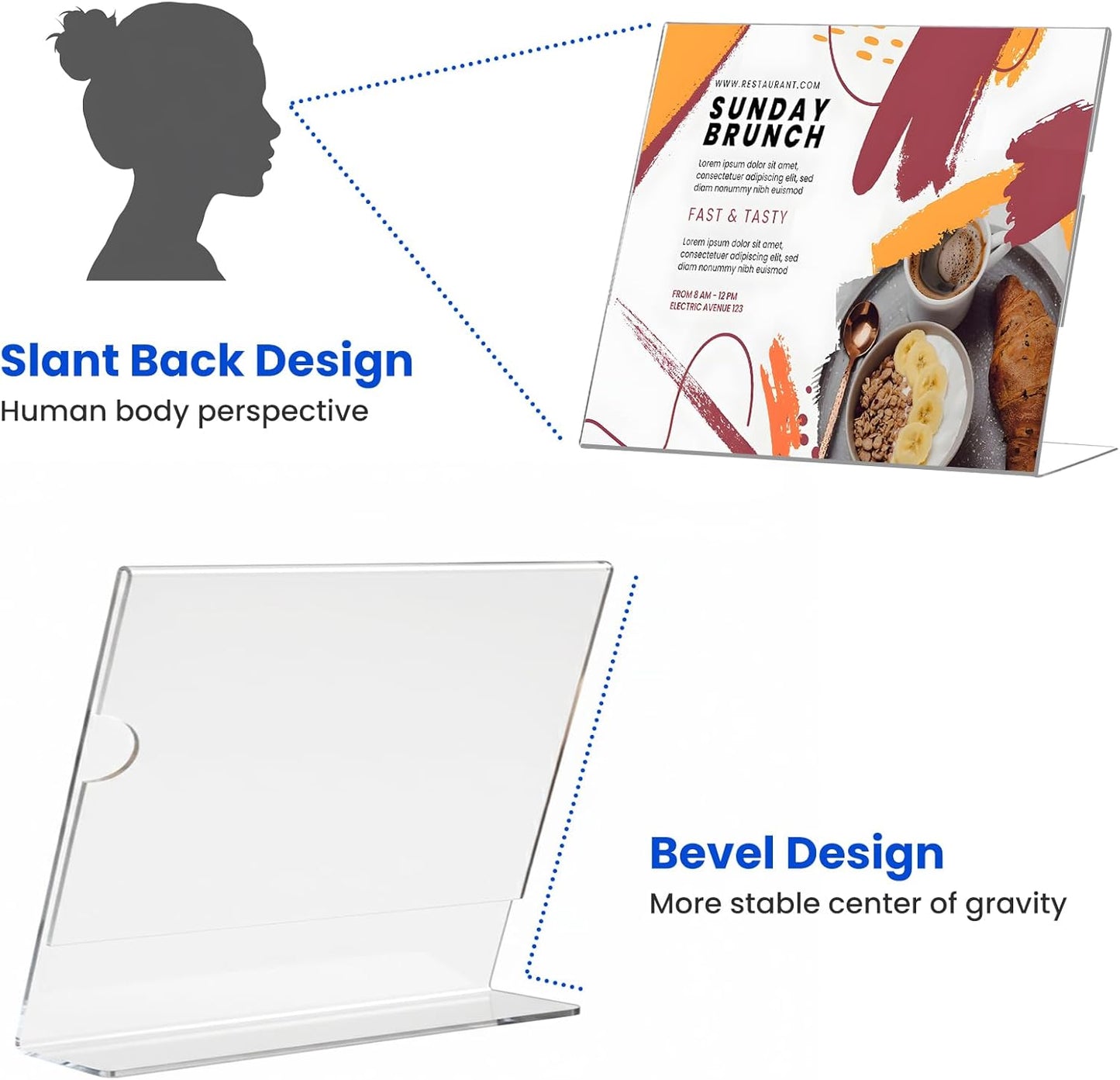 Acrylic Sign Holder 8.5 x 11 Horizontal , Clear Plastic Display Stand for Tabletop, Acrylic Stands for Flyers, Table Paper Holder, Vertical Sign Holder 8.5x11 for Restaurants, Office and School (Slant 6 Pack 11x8.5)