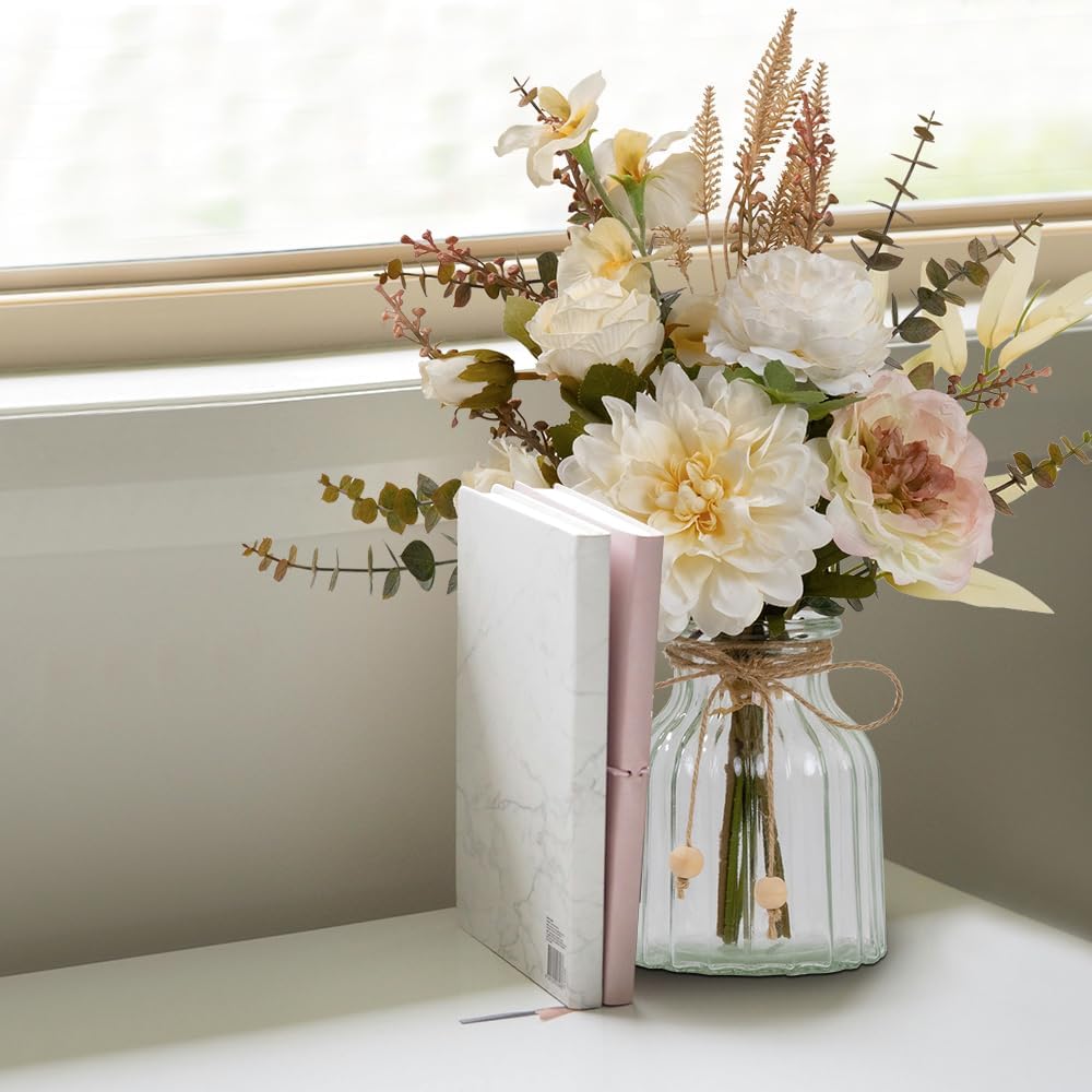 LESING Dahlia Flower Aritificial Flower with Vase Fake Silk Flowers in Glass Vase Faux Rose Flowers Arrangement for Home Office Table Centerpiece Decoration (White)