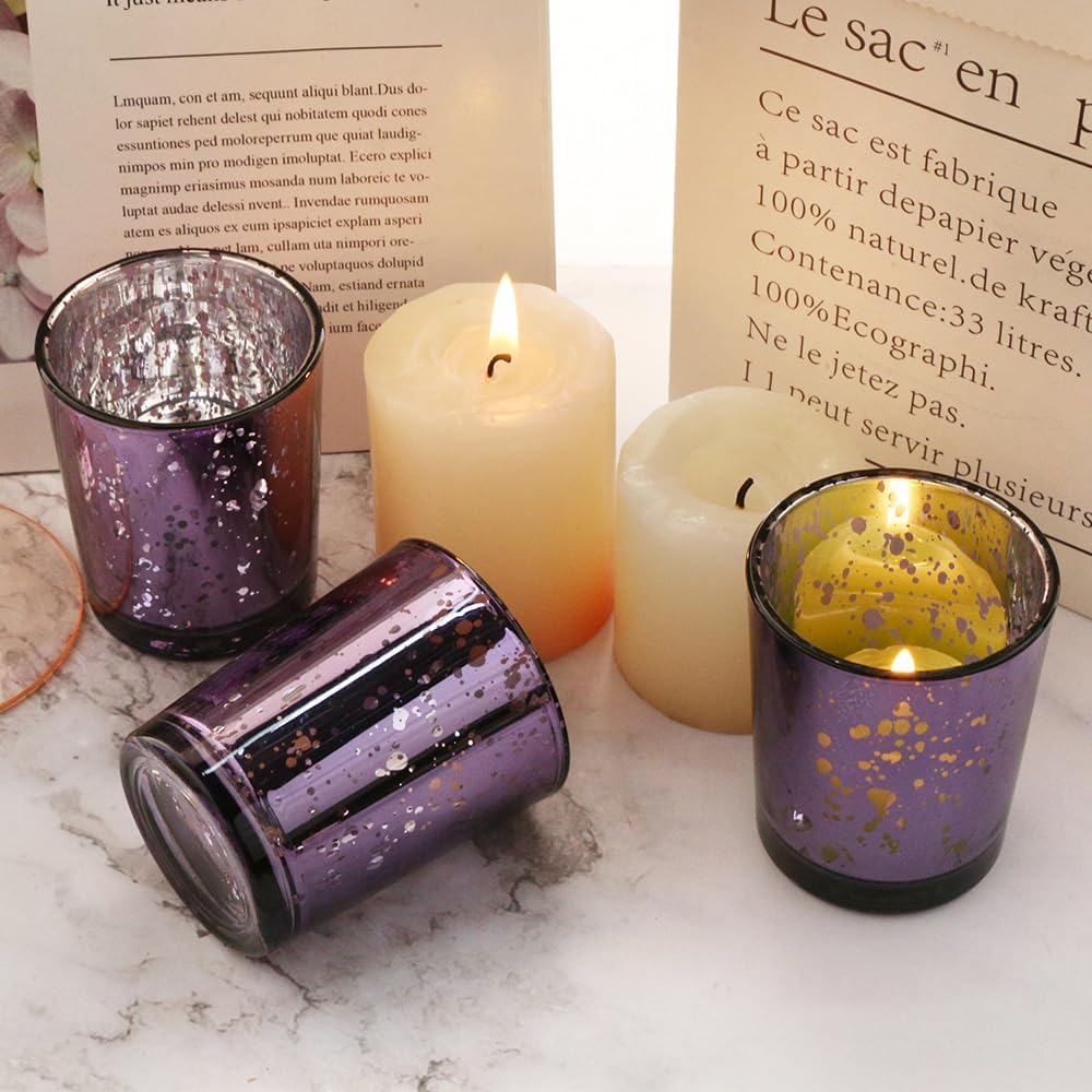 Purple Mercury Glass Tea Light Holders Set of 36 - Elegant Votive Candle Holders for Weddings, Showers and Home Decor - Perfect for Table Centerpieces and Parties (Glass, Purple)