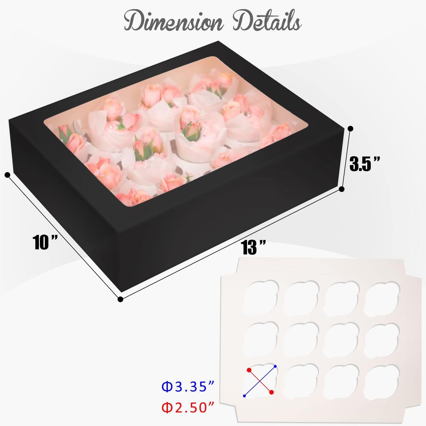 12 Cupcake Containers 20-Packs Black Cupcake Box Cupcakes Carrier, 12 Cupcake Boxes with Window 13"x10"x3.5"(Auto-pop up)