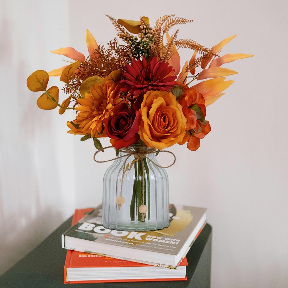 LSEING Fall Flowers Artificial with Vase for Centerpiece,Fake Silk Orange Rose Flower Arrangement in Glass Vase for Home Office Table Decoration (Orange)