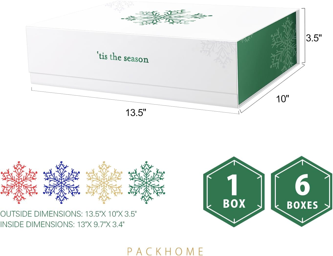 PACKHOME 6 Christmas Gift Boxes 13x9.7x3.4 Inches, Large Gift Boxes with Lids, Sturdy Shirt Boxes with Magnetic Lids for Wrapping Gifts (Green Snowflake Pattern)