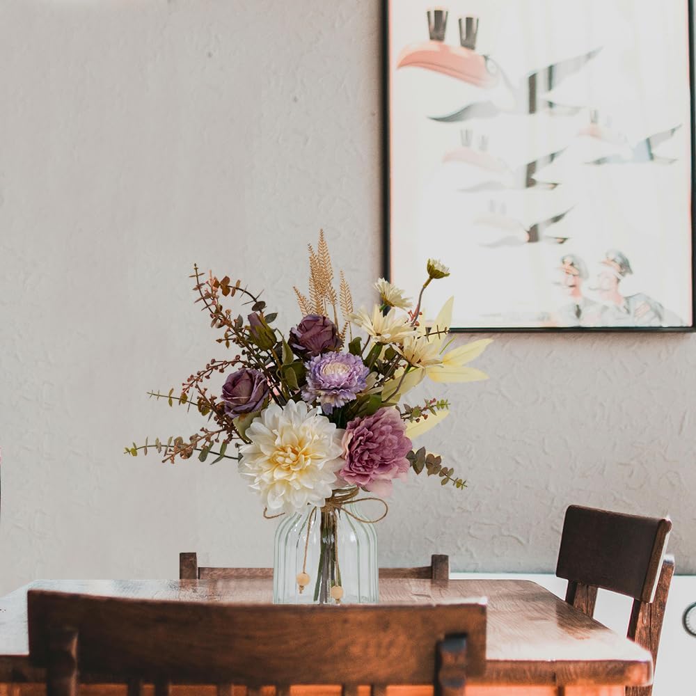 LESING Dahlia Flower Aritificial Flower with Vase Fake Silk Flowers in Glass Vase Faux Rose Flowers Arrangement for Home Office Table Centerpiece Decoration (Purple)