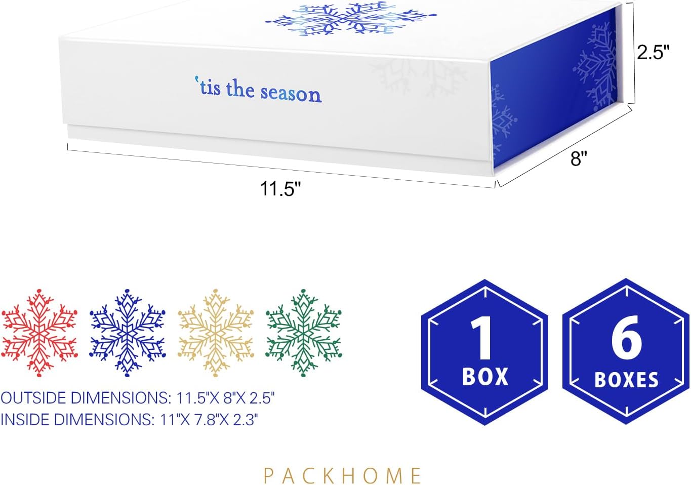 PACKHOME 6 Christmas Gift Boxes 11x7.8x2.3 Inches, Gift Boxes with Lids, Sturdy Shirt Boxes with Magnetic Lids for Wrapping Gifts (Blue Snowflake Pattern)
