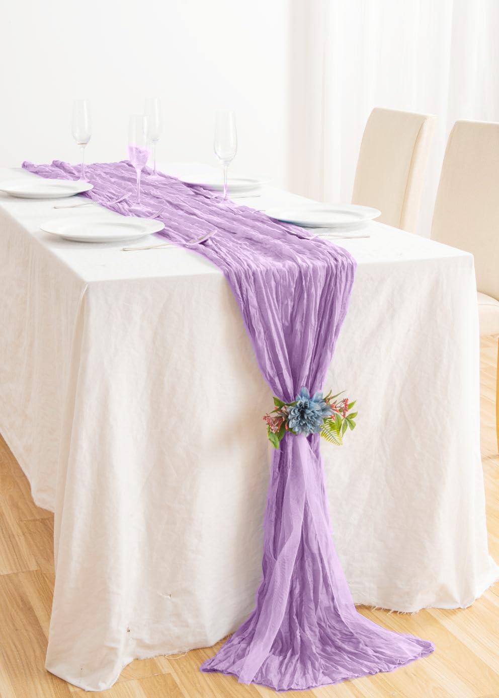 8 Pack 10Ft Table Runner 35x120 inch Purple Boho Gauze Table Cheese Cloth Long Wrinkled Sheer Table Runner for Wedding Bridal Shower Birthday Party Table Decor