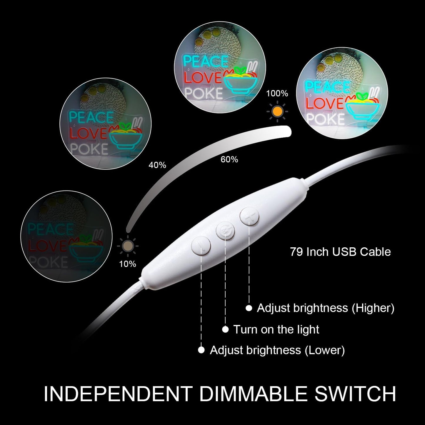 Looklight Peace Love Poke Ramen Neon Sign,Noodles Led Lights Neon Lights for Wall Decor USB Light Up Signs for Restaurant Kitchen Dinning Room Japanese Noodle Shop