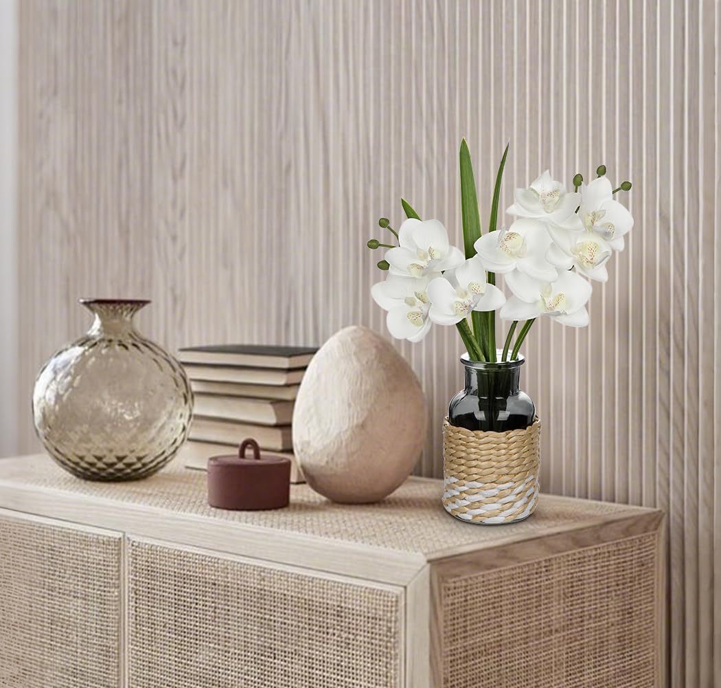 White Orchids Artificial Flowers with Vase, Small Faux Orchid Arrangement Fake Flower in Woven Glass Vase Black and White Decor Small White Centerpieces for Kitchen Dining Room Tables Bathroom Decor