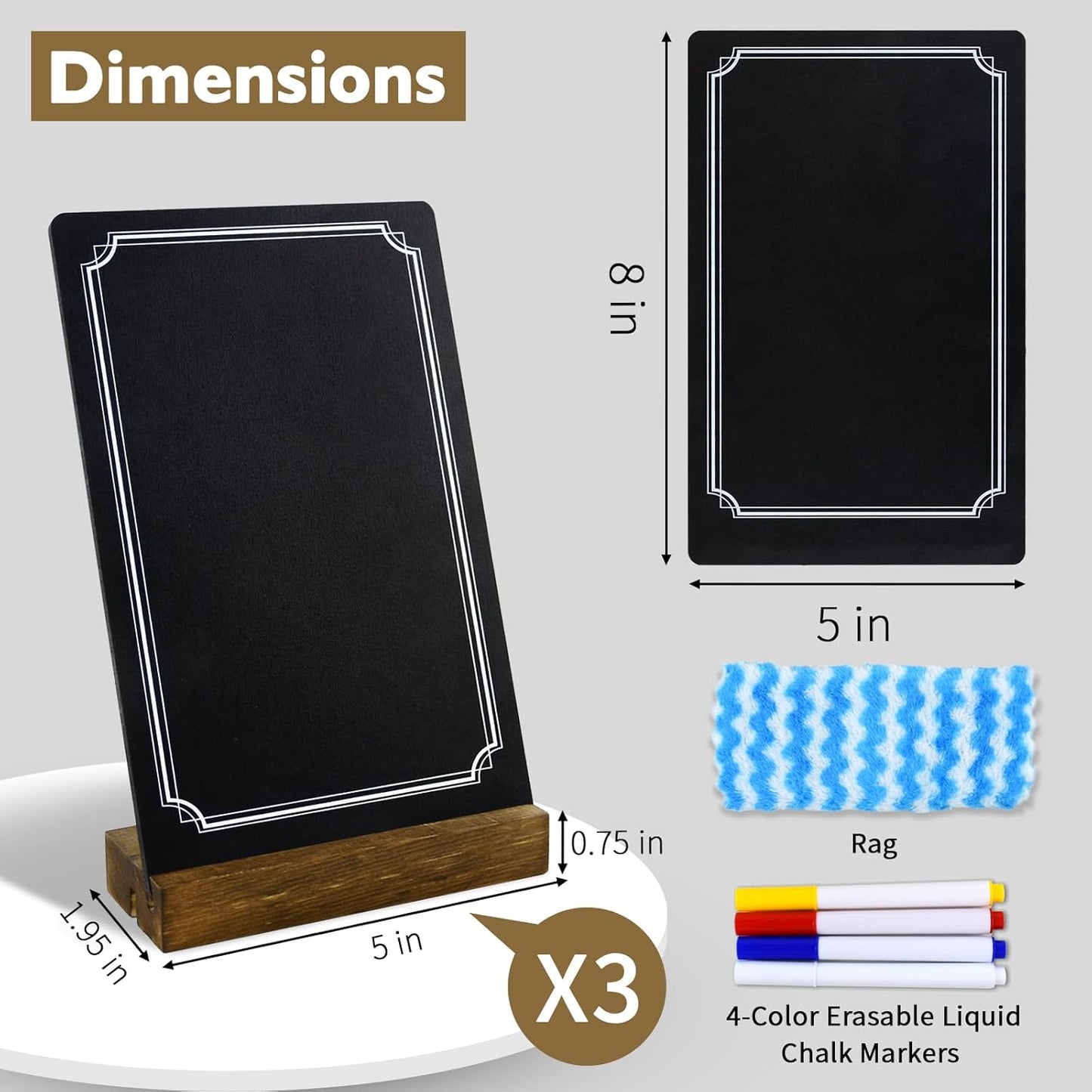 3 Pack Small Chalkboard Signs With Stand, 8x5'' Table Top Sign With Wooden Base, Double-Sided Mini Boards for Food Messages, Restaurant, Bar, Party, Store Decoration