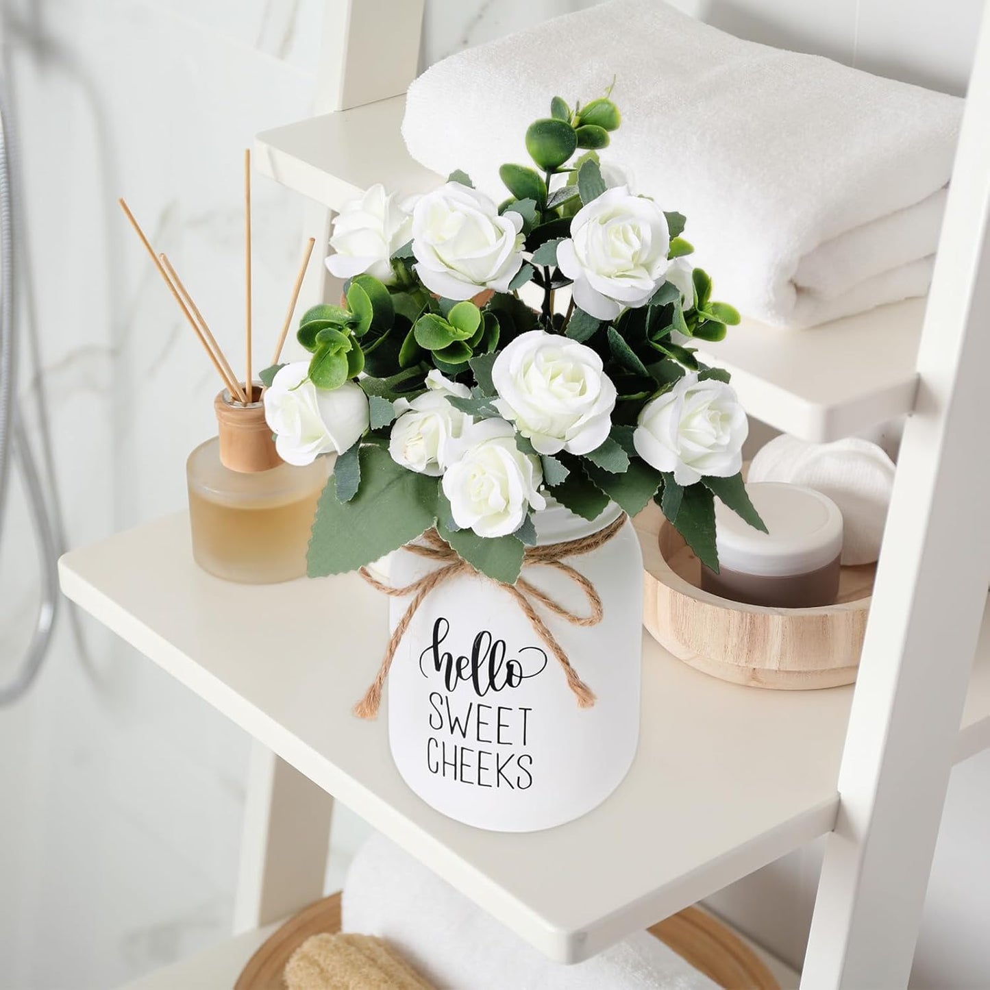XunYee Farmhouse Bathroom Decor Hello Sweet Cheeks Sign Mason Jar with Flowers 16.9 oz White Mason Jar Centerpiece Table Rustic Decor for Restroom Bathroom Shelf Bridal Shower Kitchen