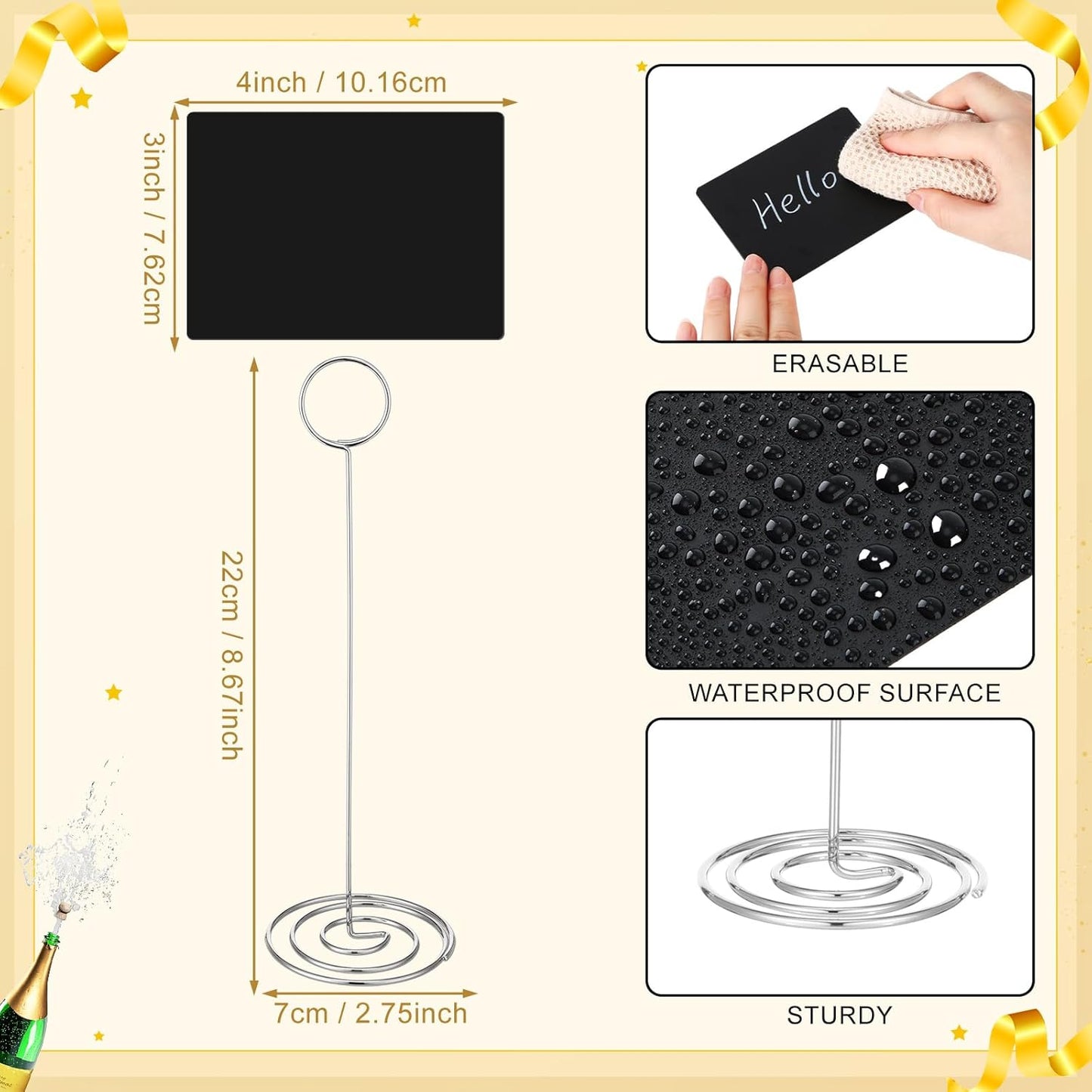 TecUnite 12 Pcs Mini Chalkboard Signs, 4"x3" Small Chalkboard Label with Metal Stand 2 Water Based Chalk for Food Buffet Tabletop Blackboard Sign for Party Bakery(Silver,8.7 x 2.8 in)