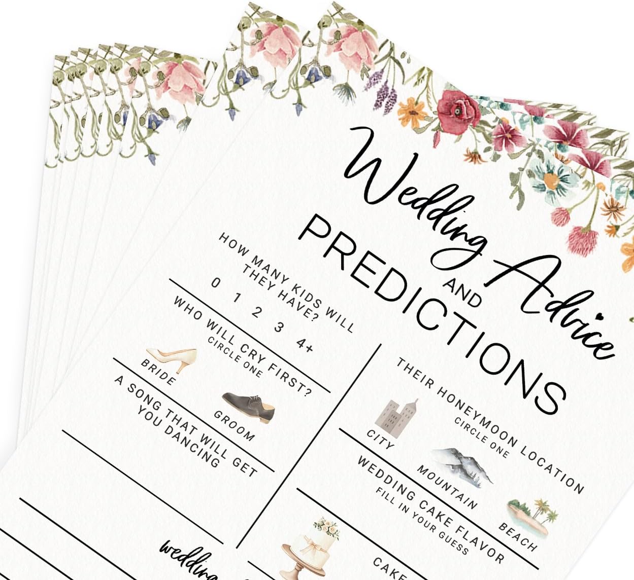 Printed Party Bridal Shower Game – Wedding Prediction Cards for Guests, Fun Advice and Guessing Activity, Wildflower in Bloom Theme, Set of 30