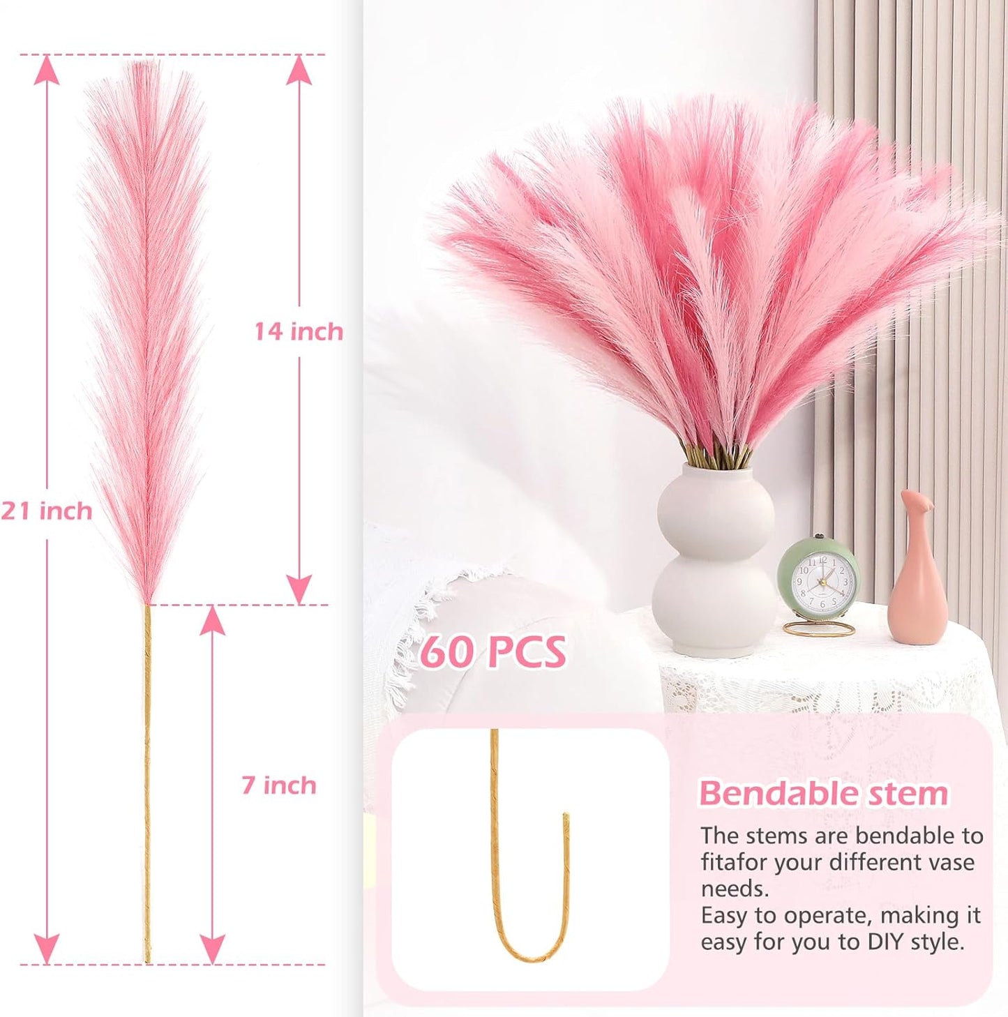 60 Pcs Pampas Grass Decor 21.7 Inch Faux Pink Pampas Grass Bulk Artificial Dried Flowers Small Vase Filler Pompas Grass.