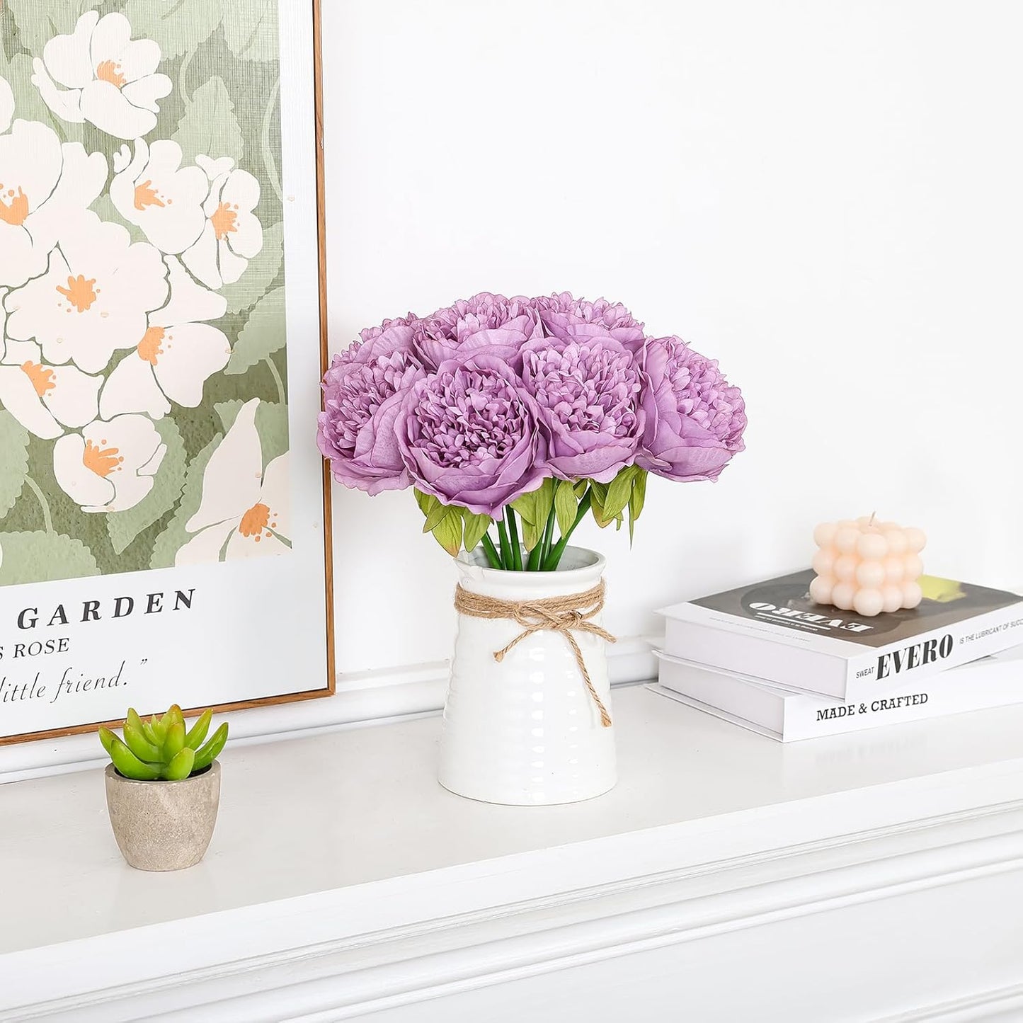 U'Artlines Artificial Peony Silk Flower with Stems 10pcs Real Look Vintage Peonies for Home Wedding Decoration (Purple)