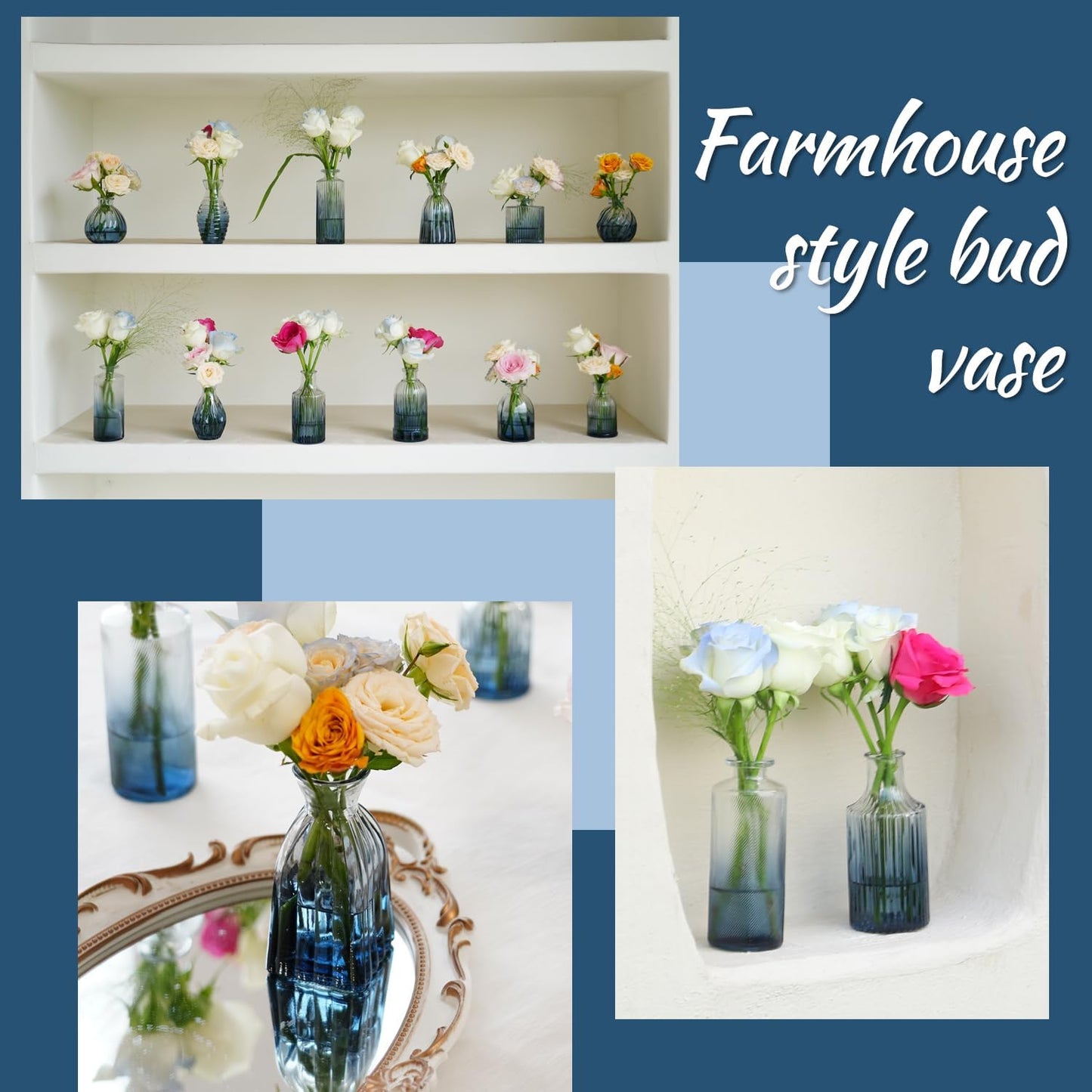 Bud Vases Set of 12, Gradient Blue Glass Vase Vintage Flower Vase for Decor Ribbed Small Bud Vases in Bulk Cute Wedding Birthday Party Centerpieces Table Decoration Home Decor