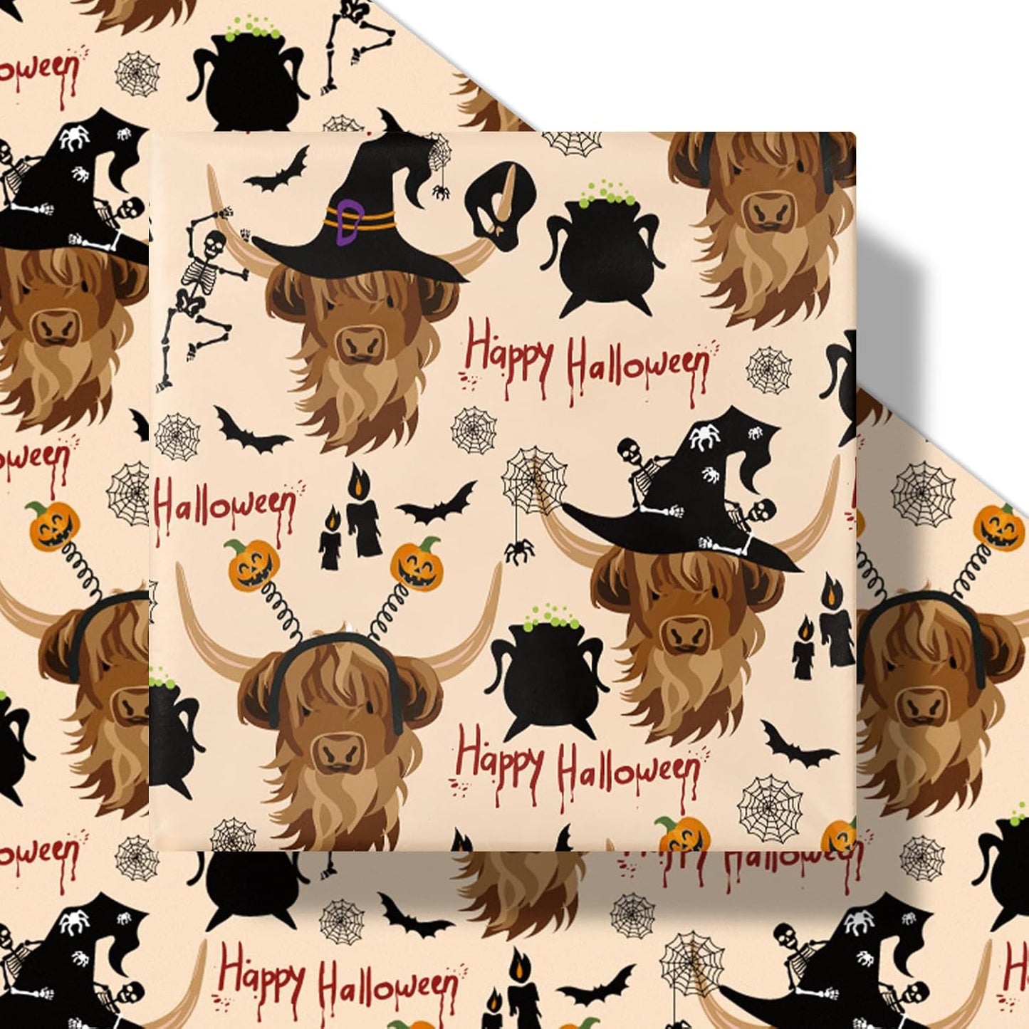 LeZakaa Funny Halloween Wrapping Paper Roll for Kids, Highland Cow Design with Witches Bats Pumpkins for Fall Party, Halloween Trick-or-Treat Gifts Decor, Mini Roll 17 in x 16.4 Ft