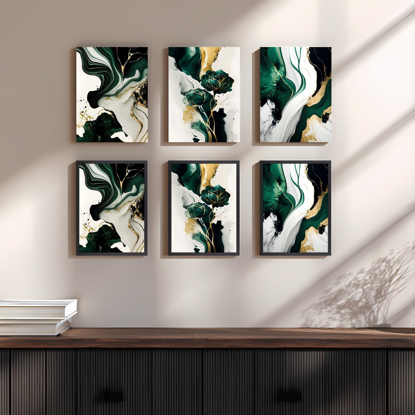 IAFWZX Wood Framed Green Gold Abstract Wall Art, Emerald Marble Textured Wall Decor, Contemporary Line Flower Canvas Paintings, Abstract Floral Poster Prints for Living Room Bedroom Office 16"x24"x3