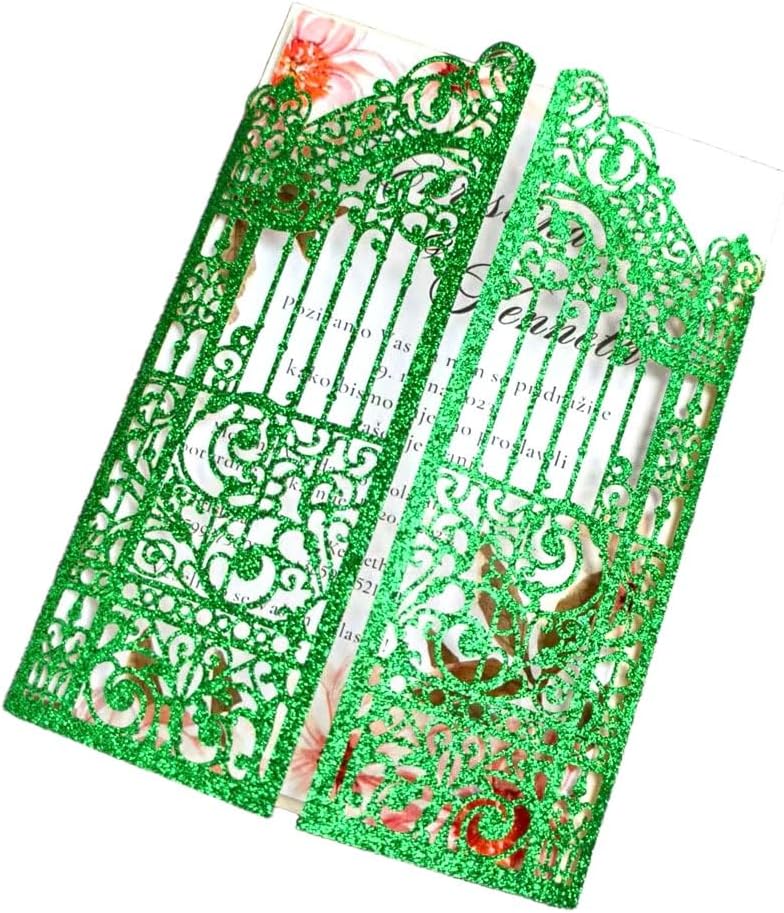 MillaSaw Glitter Green Gate Invitation Sleeve, Laser Cut Catle Invitation For Quinceanera Ball Wedding Bridal Shower Valentine Birthday Christmas 25 Sets (green glitter, 4.9"x7.1")