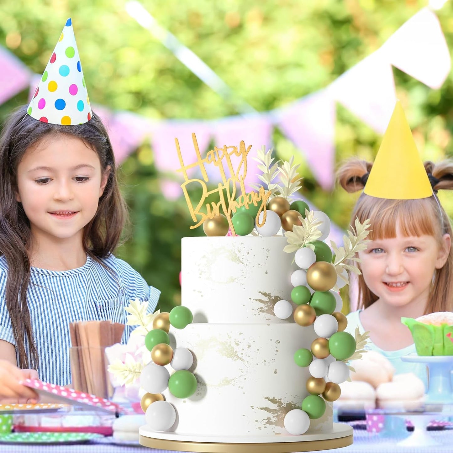 MIAHART Ball Cake Toppers Boho Grass Cake Topper Ball Cake Insert Decoration for Birthday Wedding Baby Shower Party Decorations Boho Themed Party Supplies (green,gold,white)