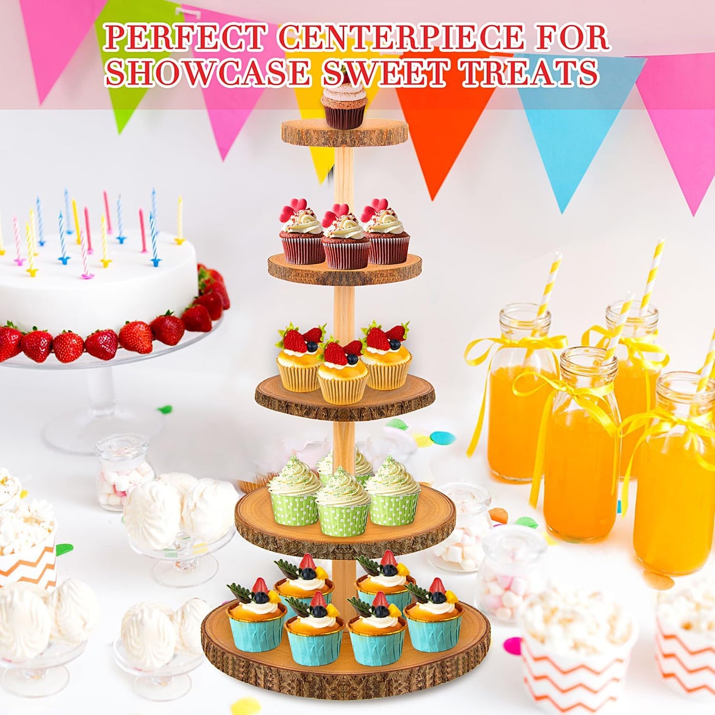 5-Tier Rustic Wooden Cupcake Stand - Large Capacity Display Stand for Woodland Baby Showers, Weddings, Birthdays, Parties, and Farmhouse Decor.