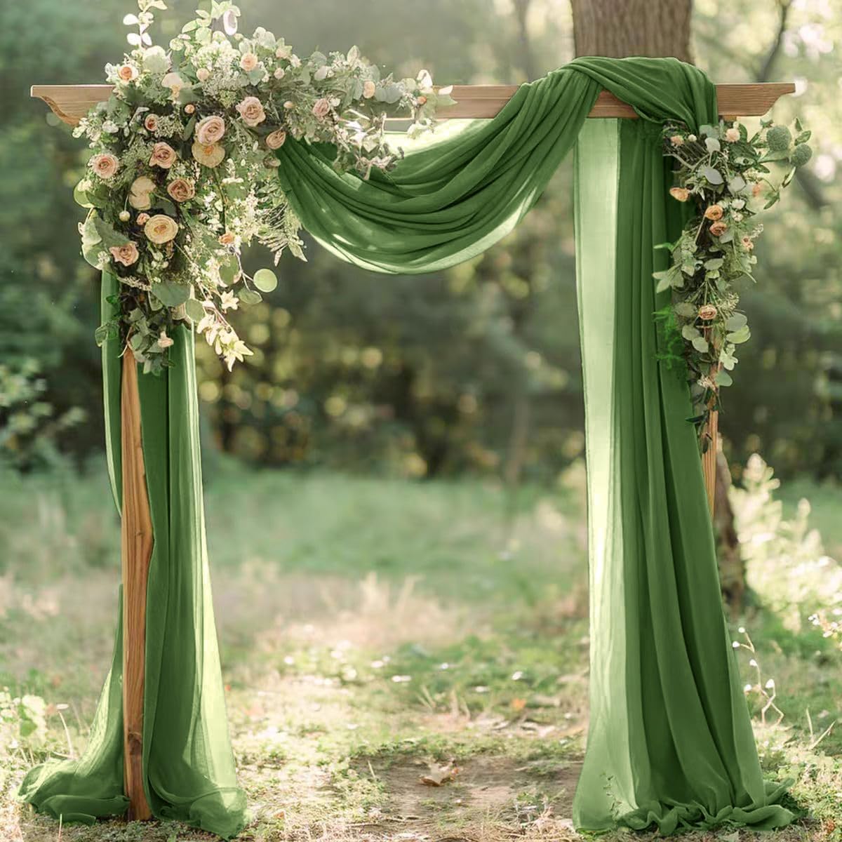 Olive Green Fall Elegant Arch Draping Fabric 2 Panels Outdoor 29" × 20Ft Sheer Chiffon Curtain Drapes for Wedding Ceremony Birthday Party Garden Brunch