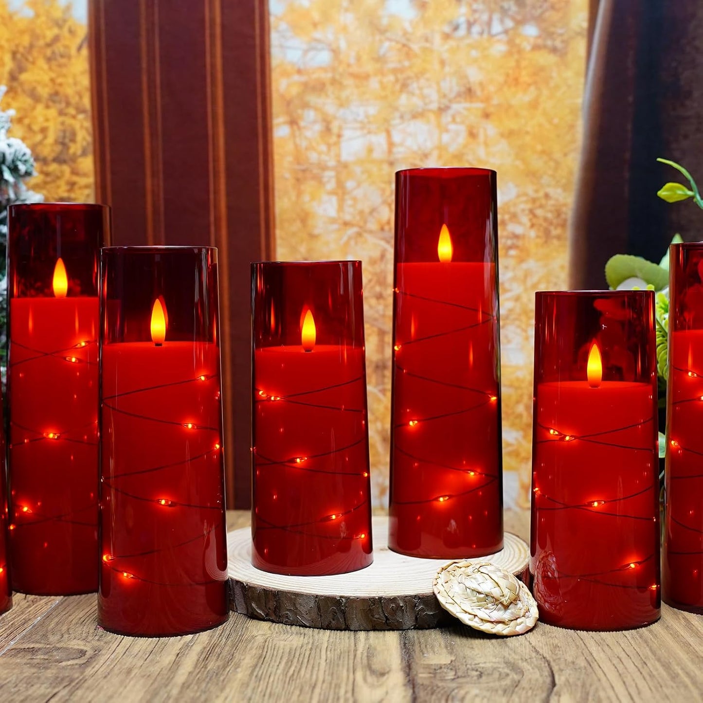 Flameless LED Candles with Timer 9 Pc Flickering Flameless Candles for Romantic Ambiance and Home Decoration Stable Acrylic Shell,with Embedded Star String,Battery Operated Candles(Red)
