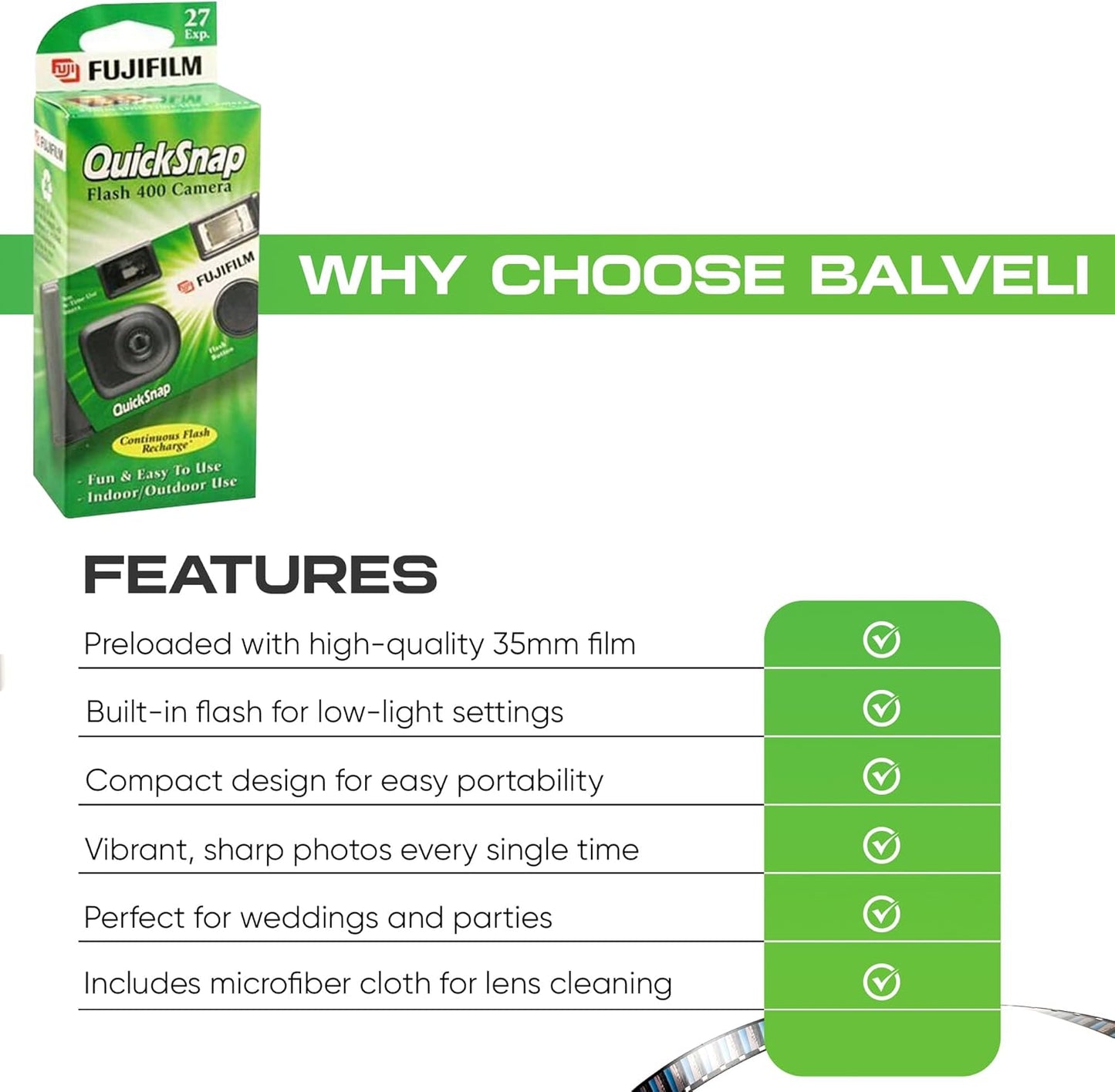 Fuji Film Quicksnap Flash Disposable Camera 400 Iso, 6 Pack, 35mm 27 Exp,with Balveli Coth, Fuji Film Disposable Camera Bulk, 6 Pack of Fuji Disposable Cameras.
