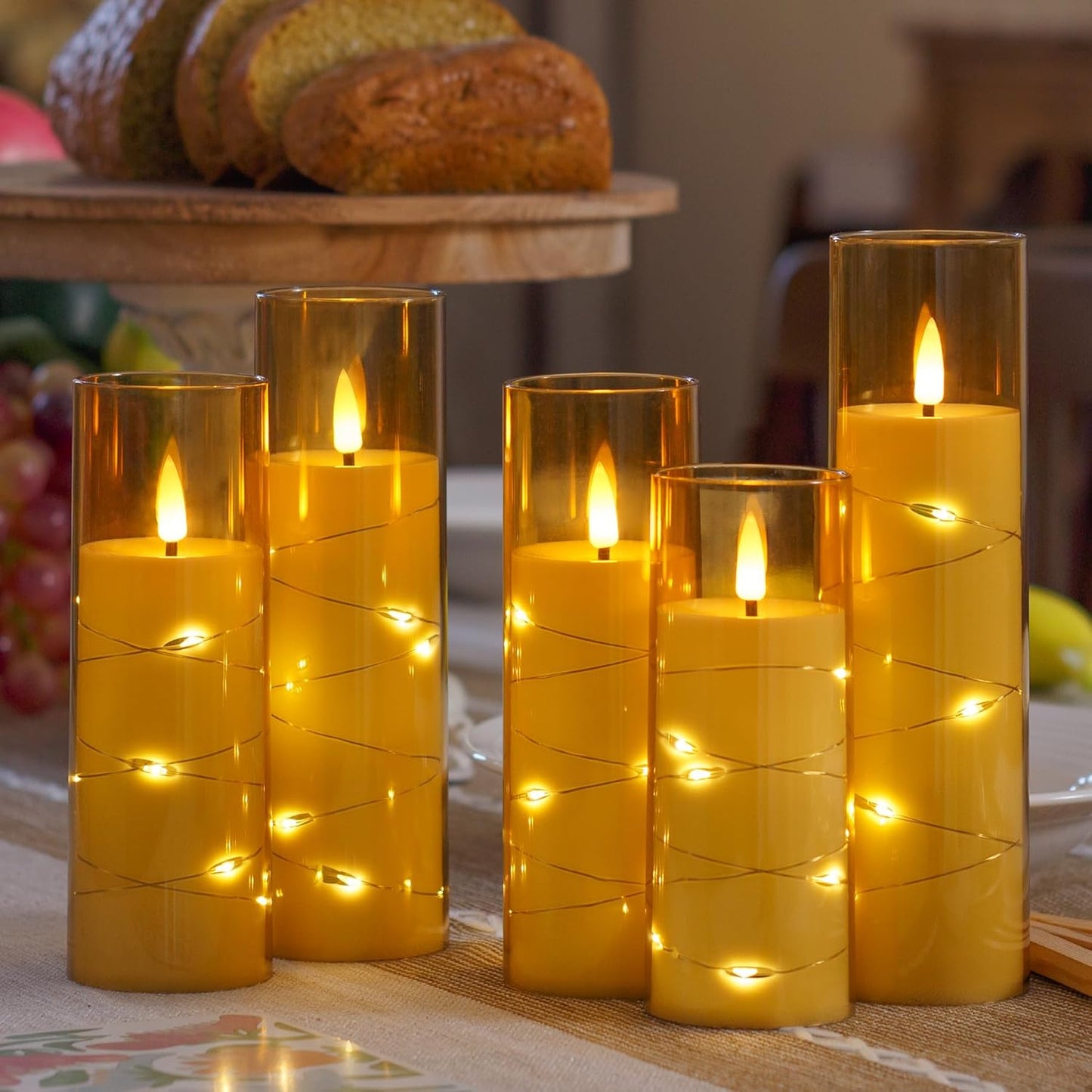 Gold Flameless Candles with Remote and String Light, 2.2"x 5",5",6",7",7",8" LED Battery Operated Plastic Flickering Timer Pillar Candles(Pack of 6,Turn On/Off String Light Mode)
