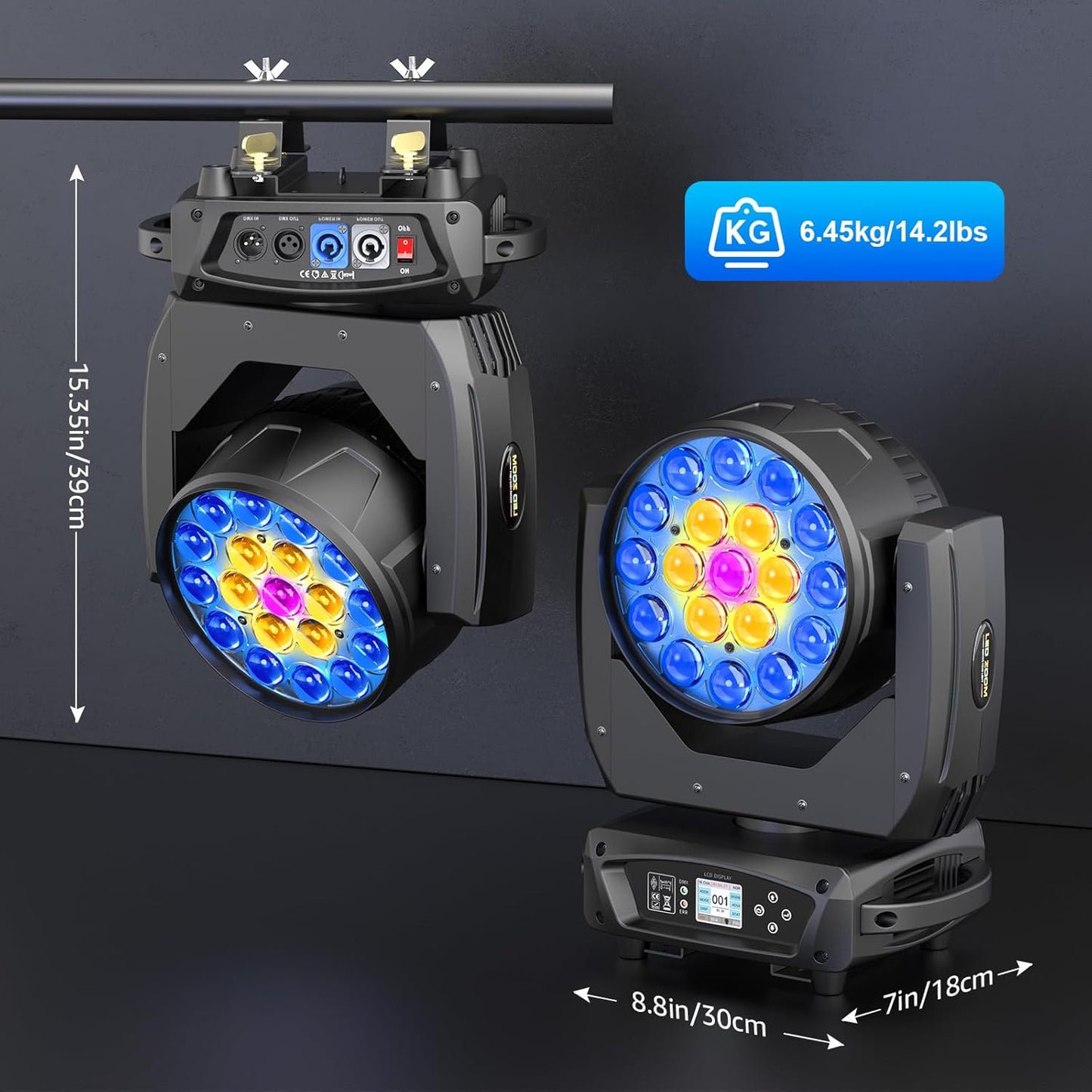 19x10W Moving Head Light Focusing/Beam/Wash/Zoom Effect Stage DJ Lights 4-in-1 LED DMX512 & Sound Activated Control for DJ Disco Nightclub KTV Bar Theater Shopping Mall