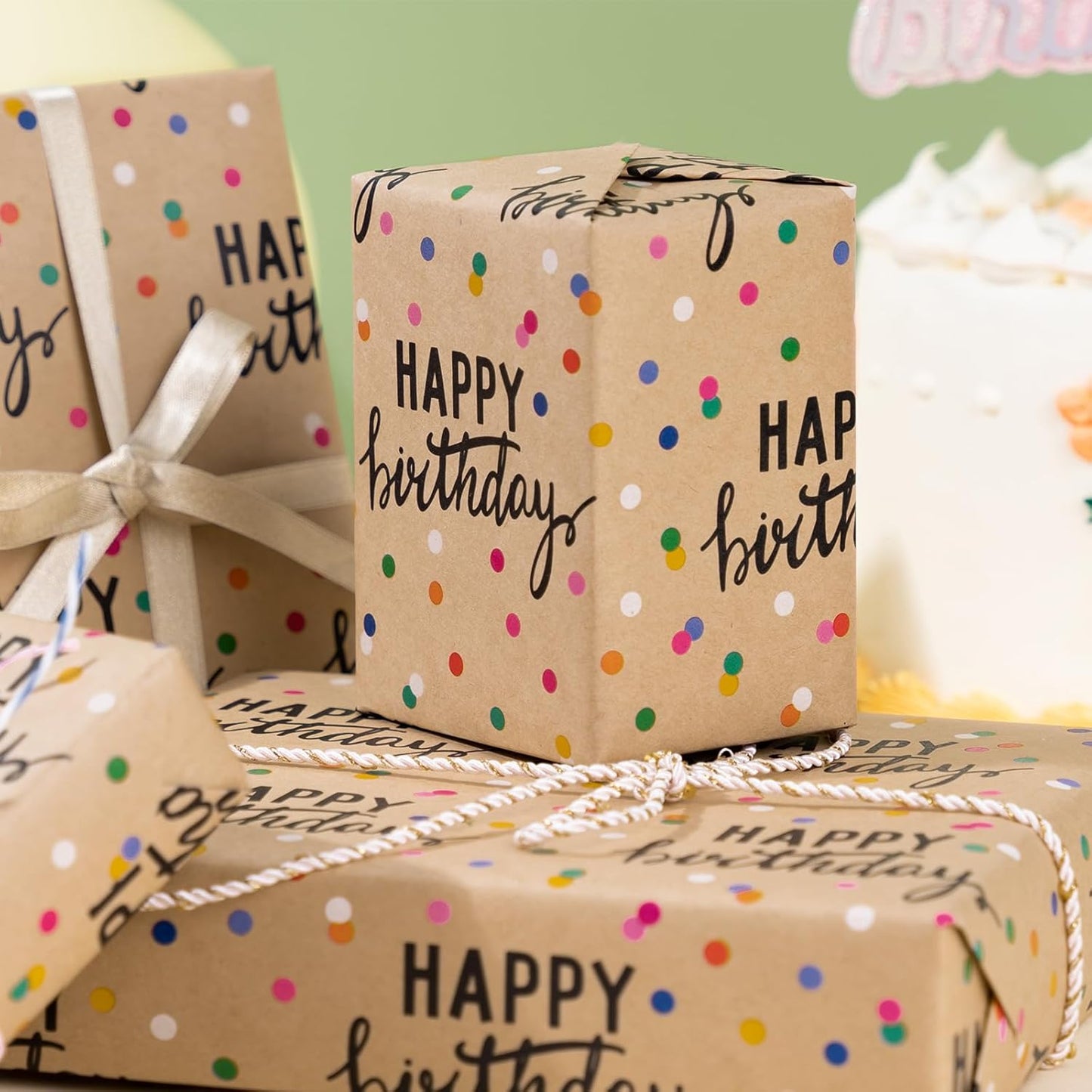 LeZakaa Birthday Kraft Wrapping Paper Roll, Happy Birthday Lettering & Colored Polka Dots Kraft Design for Holiday, Party, Baby Shower, 17 inches x 32.8 Feet (46.45 sq.ft.)