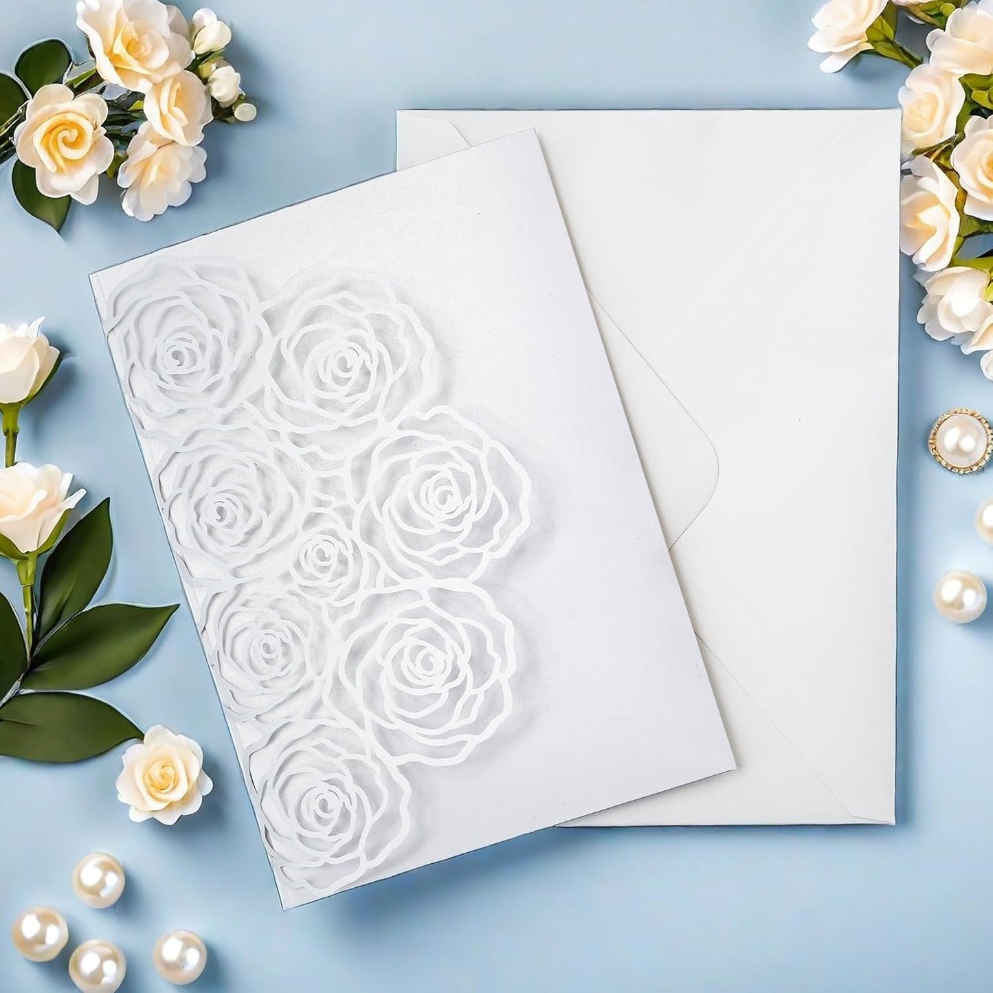 20 Pcs Laser Cut Wedding Invitations Card Pocket with Envelope for Birthday Party Baby or Bride Shower Invite suitable for 5 * 7 Inches Insert Paper (White)
