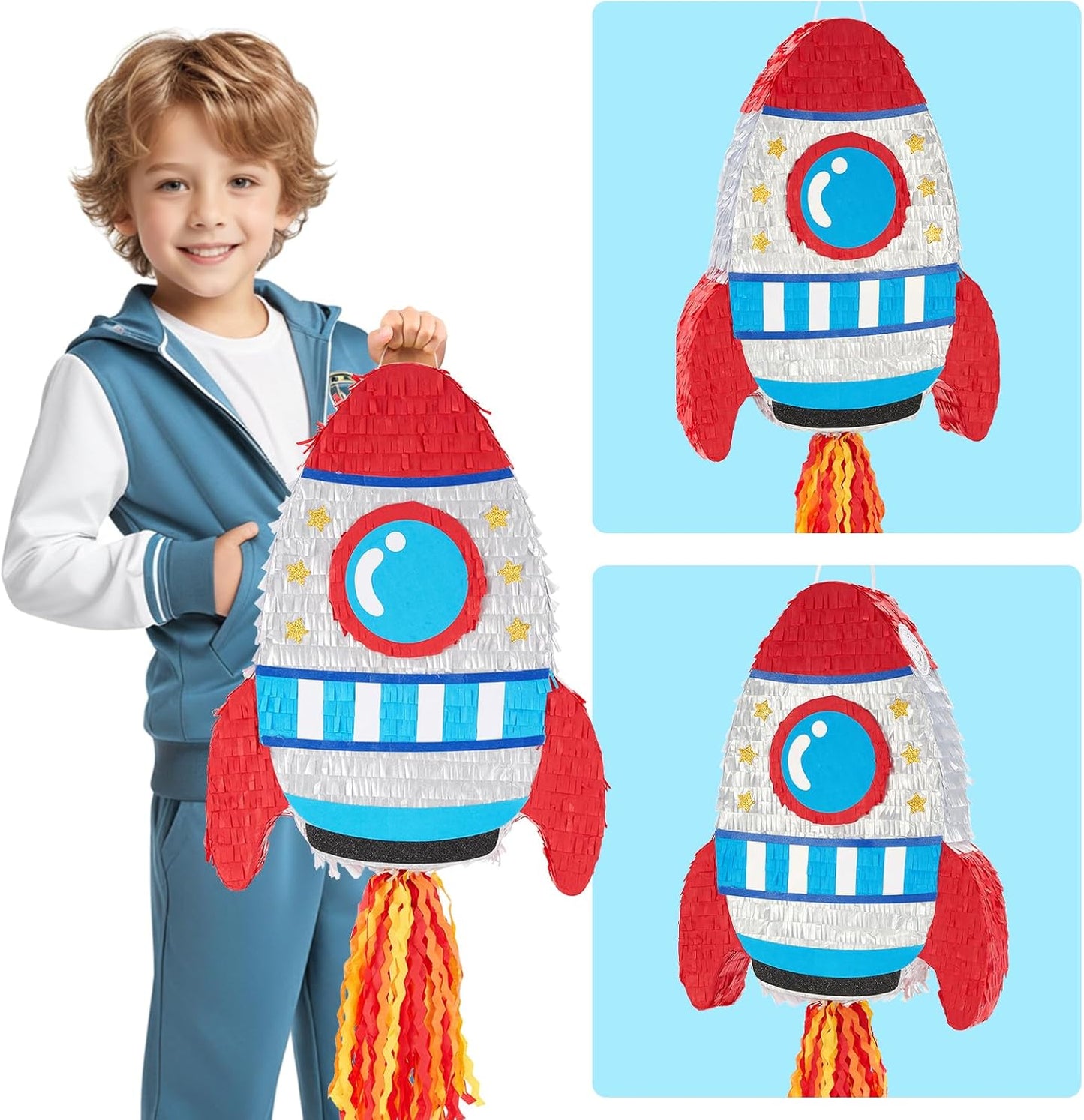 WERNNSAI Rocket Piñata - Rocket Ship Pinata Bundle with Blindfold and Bat Space Birthday Party Decoration for Boys Kids Family Games Piñata Space Ship Theme Party Supplies
