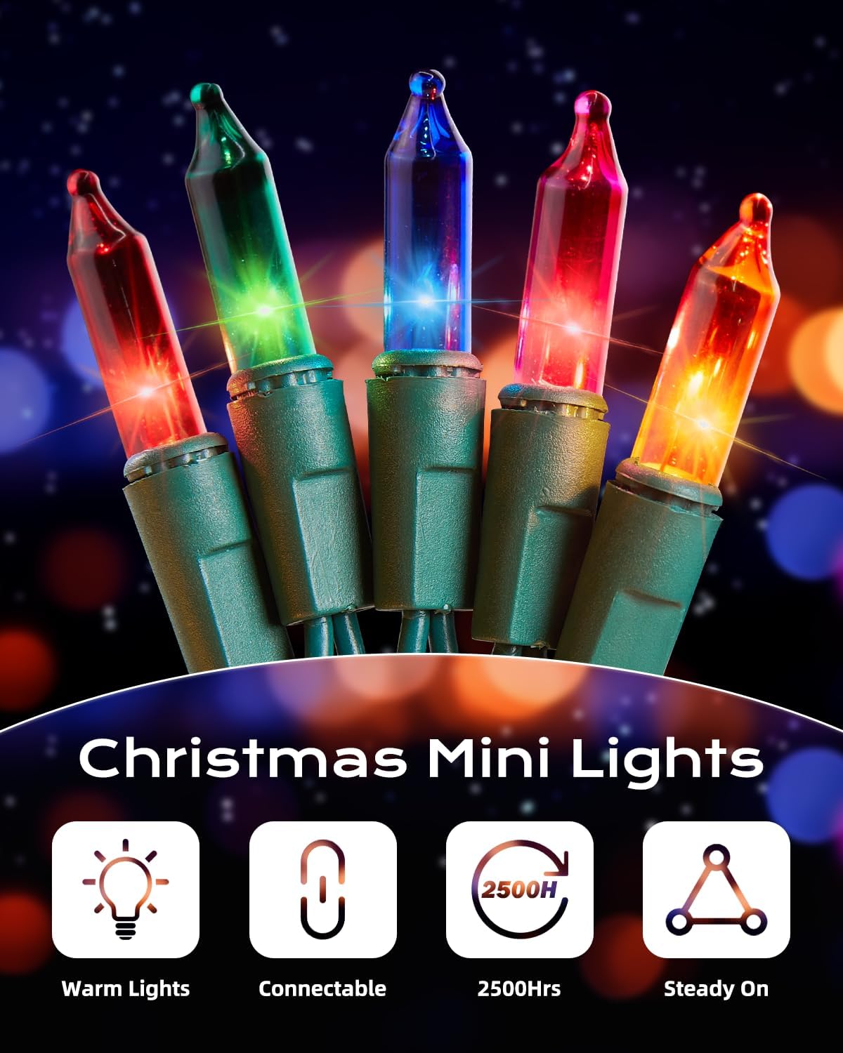 Brightown Multicolor Christmas String Lights, 200-Count 50ft Incandescent Bulb Mini Lights for Indoor Holiday Decor, Christmas Tree Garland Wedding Party Multi-Use Festival Decoration, Green Wire