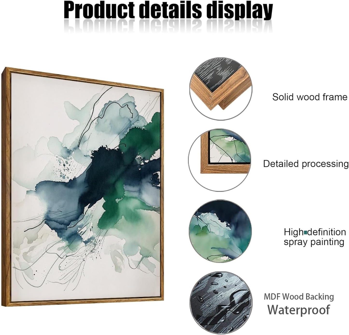 myusuar 3 Piece Large Abstract Framed Wall Art For Living Room, Smoke Texture Ink Emerald Green Canvas Wall Art Modern Minimalist Art Prints Wall Décor For Bedroom Office 16x24in