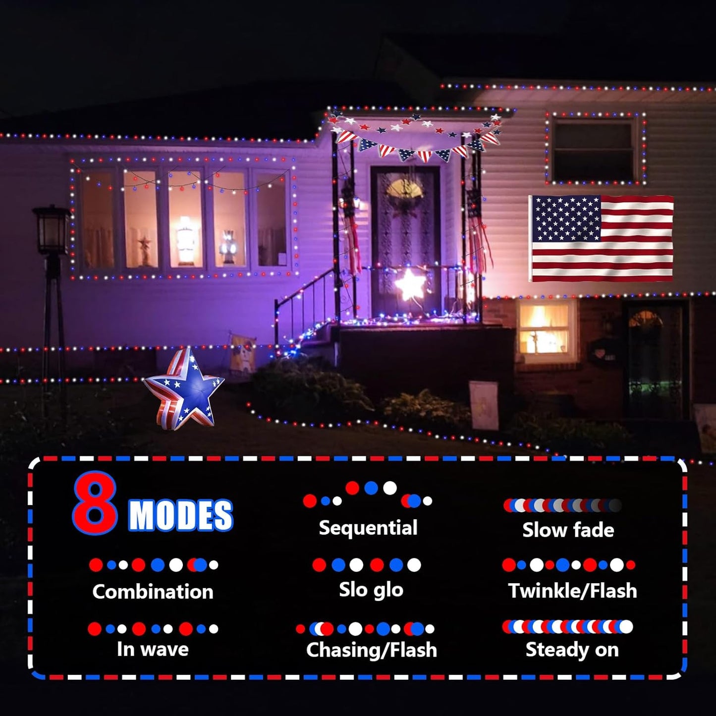 YEGUO 4th of July Decorations Red White and Blue Lights, 66ft 200 LED String Light Plug in with 8 Modes Memory for Patriotic Independence Memorial Day Decor