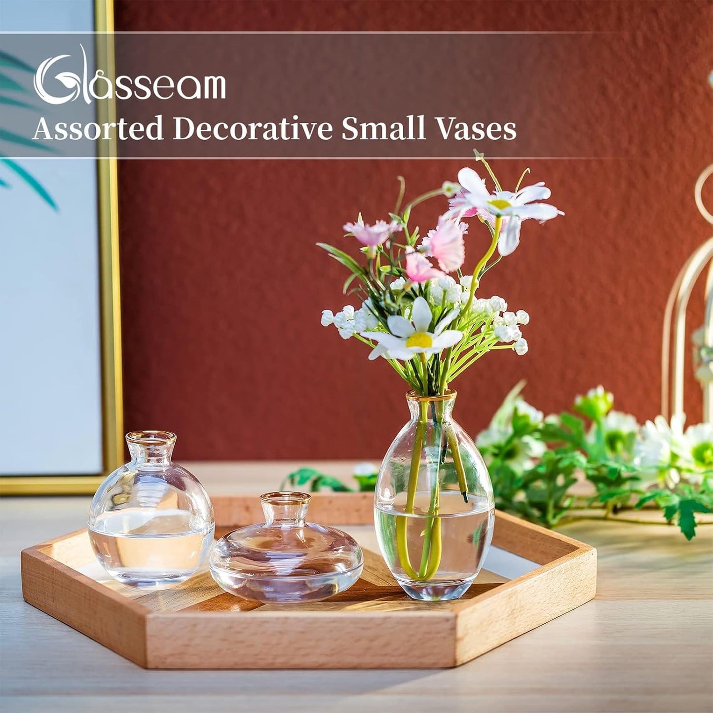 Glass Bud Vase for Centerpieces, 6Pcs/2Sets Glasseam Modern Gold Rim Mini Small Vases for Flowers Bulk Flower Vase Set Aesthetic Cute Handmade Tiny Short Wedding Table Centerpiece Decor