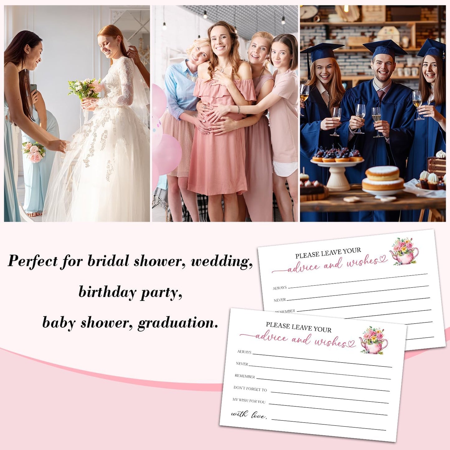 25 Advice and Wishes Cards, Floral & Teapot Fill-In Advice Cards for Bridal Shower Wedding Birthday Party Baby Shower Graduation Party, Well Wishes Card for Mr & Mrs Adults, Party Supplies -06