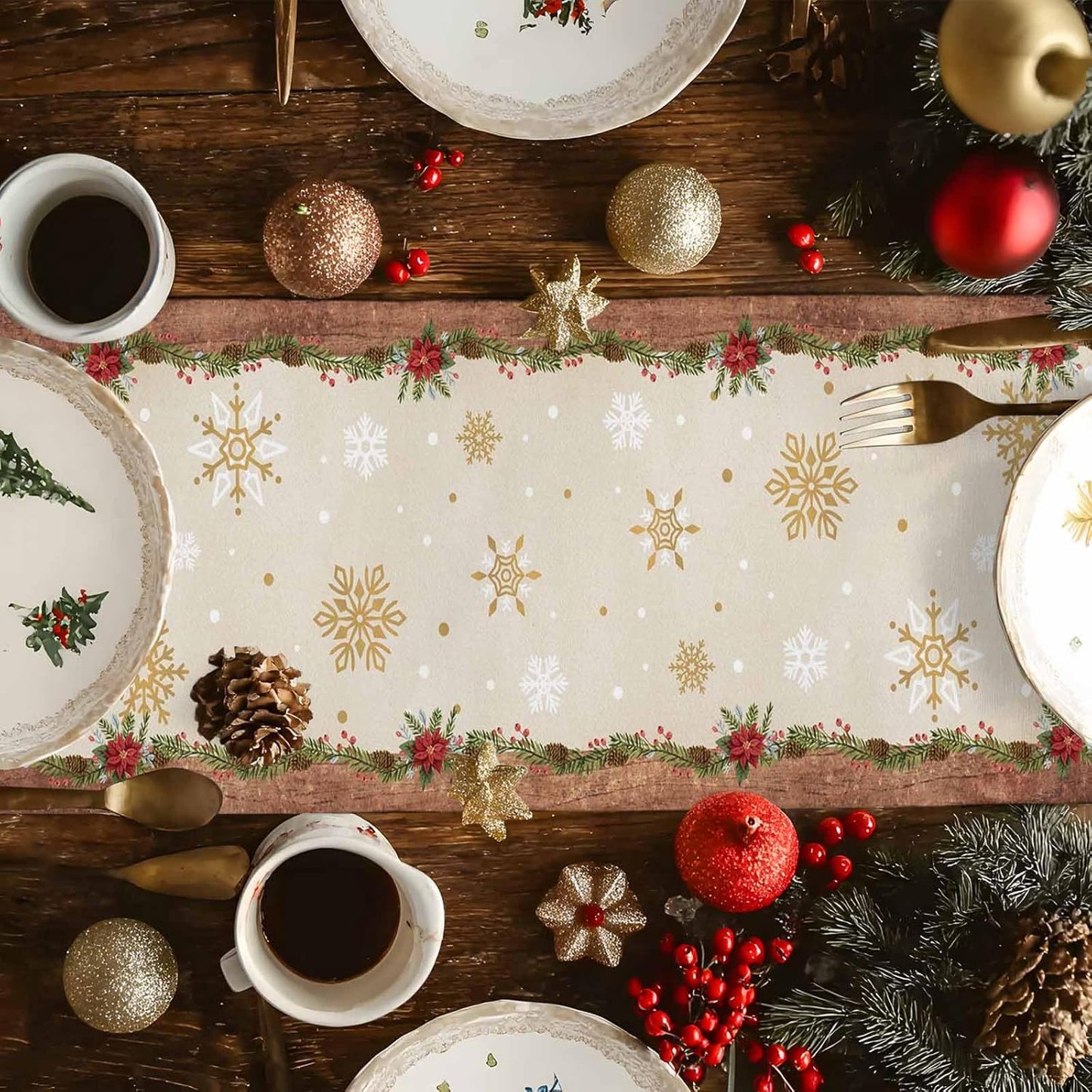 Christmas Gnomes Cotton Linen Table Runner for Dining Kitchen, Xmas Pine Tree Snowflake Rustic Wedding Outdoor Party Tablerunners Decoration, Retro Wood Dresser Scarf Tablecloth Runners 13x60 Inches