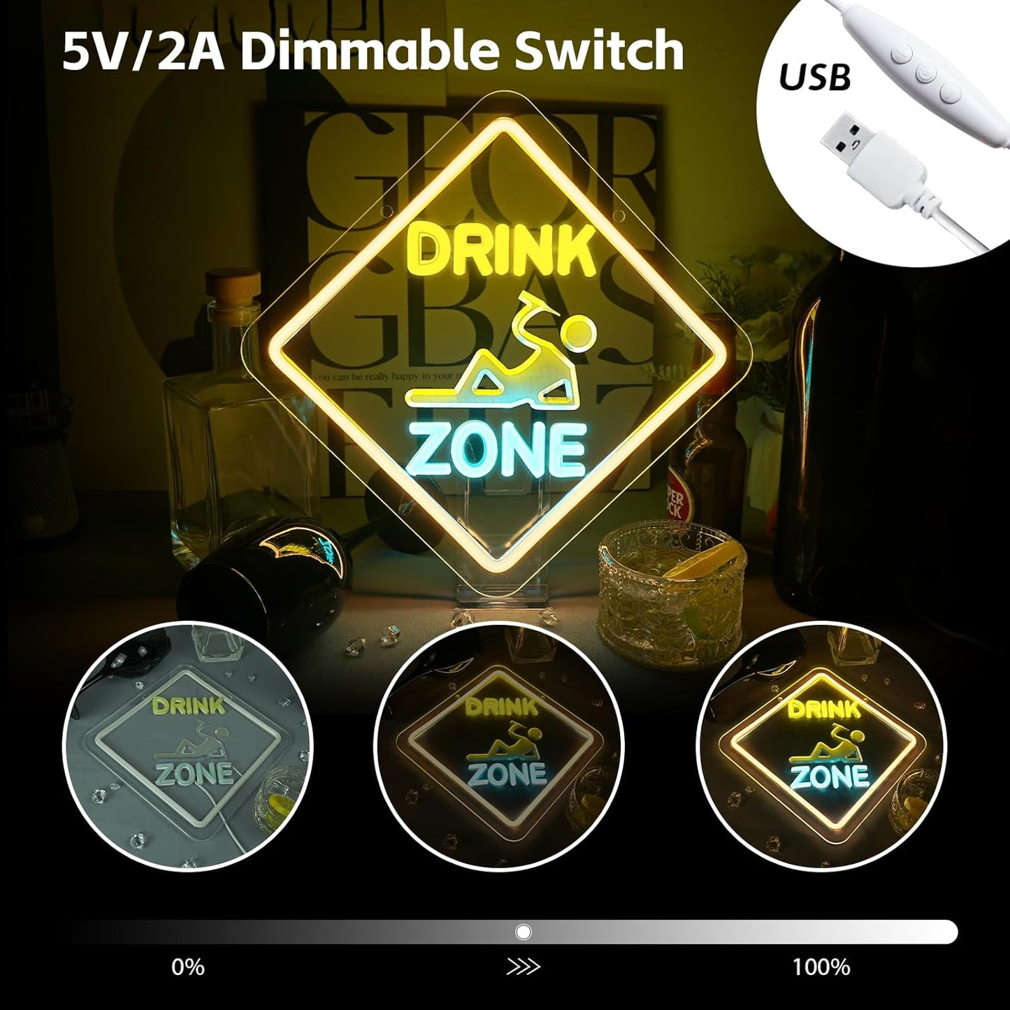 Looklight Drink Zone Neon Sign Dimmale Neon Signs For Wall Decor Led Lights For Bar Man Cave Club Party Bedrooom Decoration USB Powered 12.6x12.6in