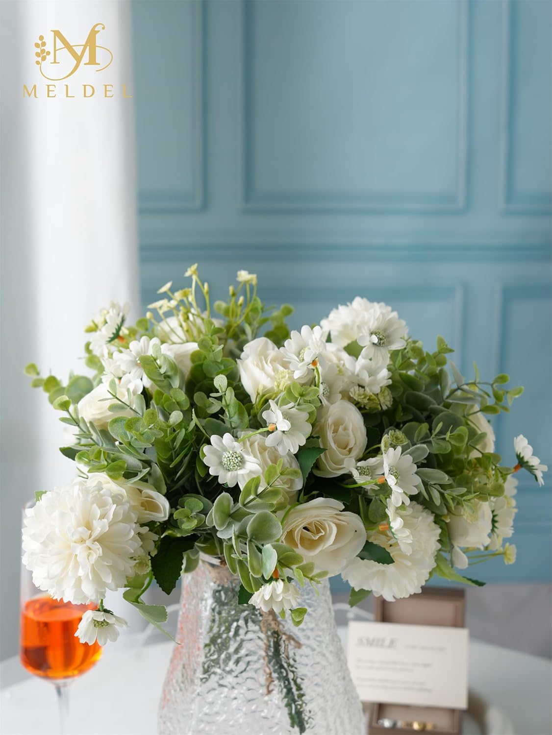 Meldel 3 Pcs Bouquet Rose Artificial Fake Flowers Eucalyptus Plants Faux Silk Flower Arrangements Wedding Bouquets Decorations Floral Table Centerpieces for Home Kitchen Garden Party Decor (White)